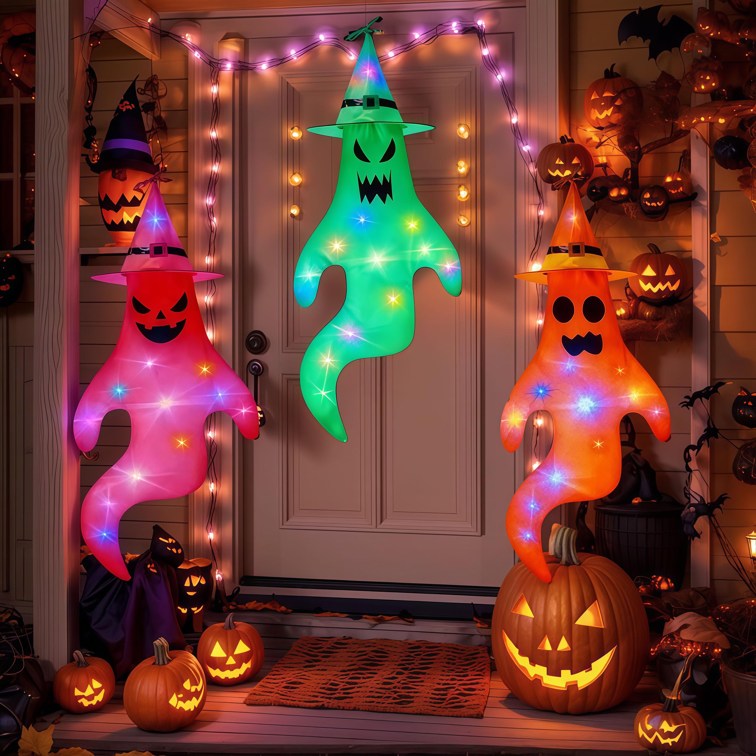 3 Stück Halloween Deko Geist mit Bunt LED Lichtern, 145x65cm Halloween Deko Outdoor Hängende Geister, Hängende Geisterflagge mit Hexenhut, für Garten Hof Terrasse Party Horror Hängen Dekoration