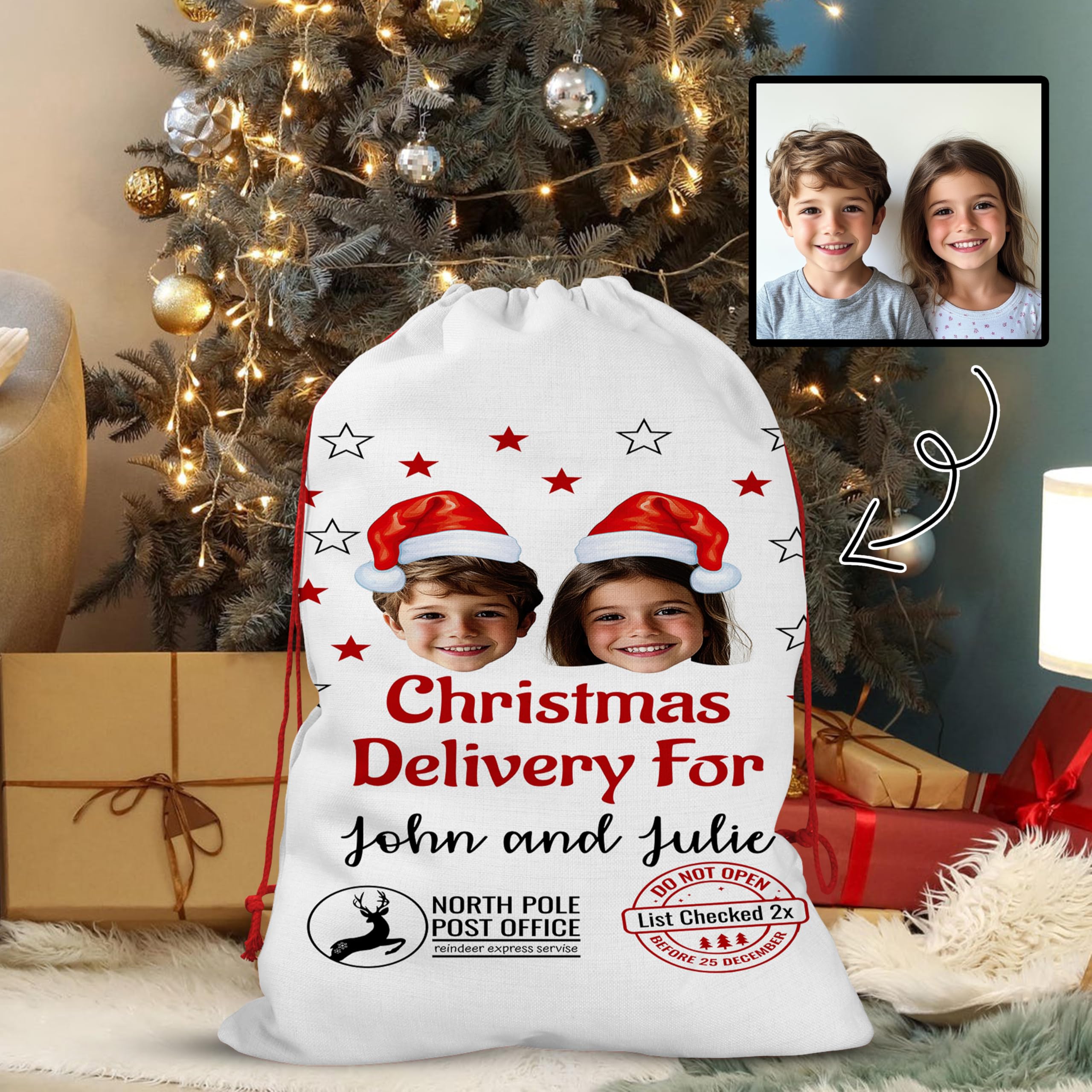 Bleu Reign Personalized Santa Sack Gift Wrap Bag - Upload Your Face - For Children Kids Boy Girl Daughter Son Family - Christmas Birthday Custom Name