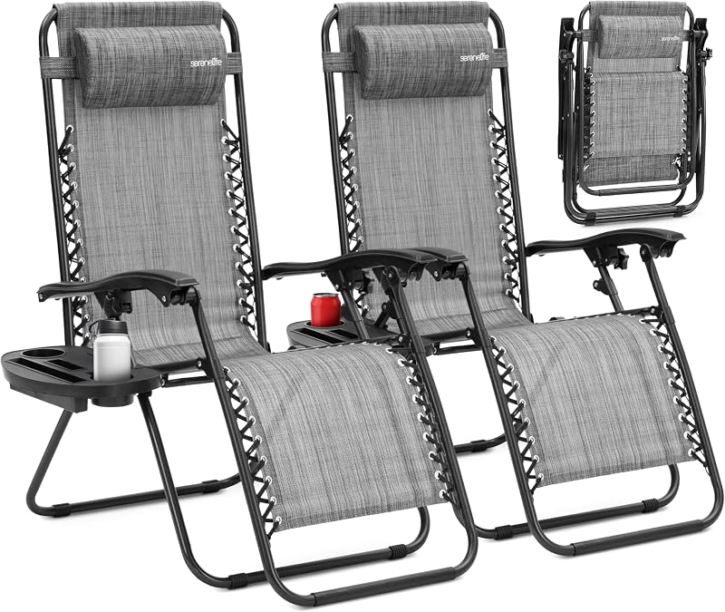 SereneLife Zero Gravity Chairs Set of 2 - Adjustable Steel Mesh Lawn Chairs - Outdoor Lounge Chairs with Detachable Cup Holder Tray - Foldable Outdoor Chair with Removable Pillows - Grey