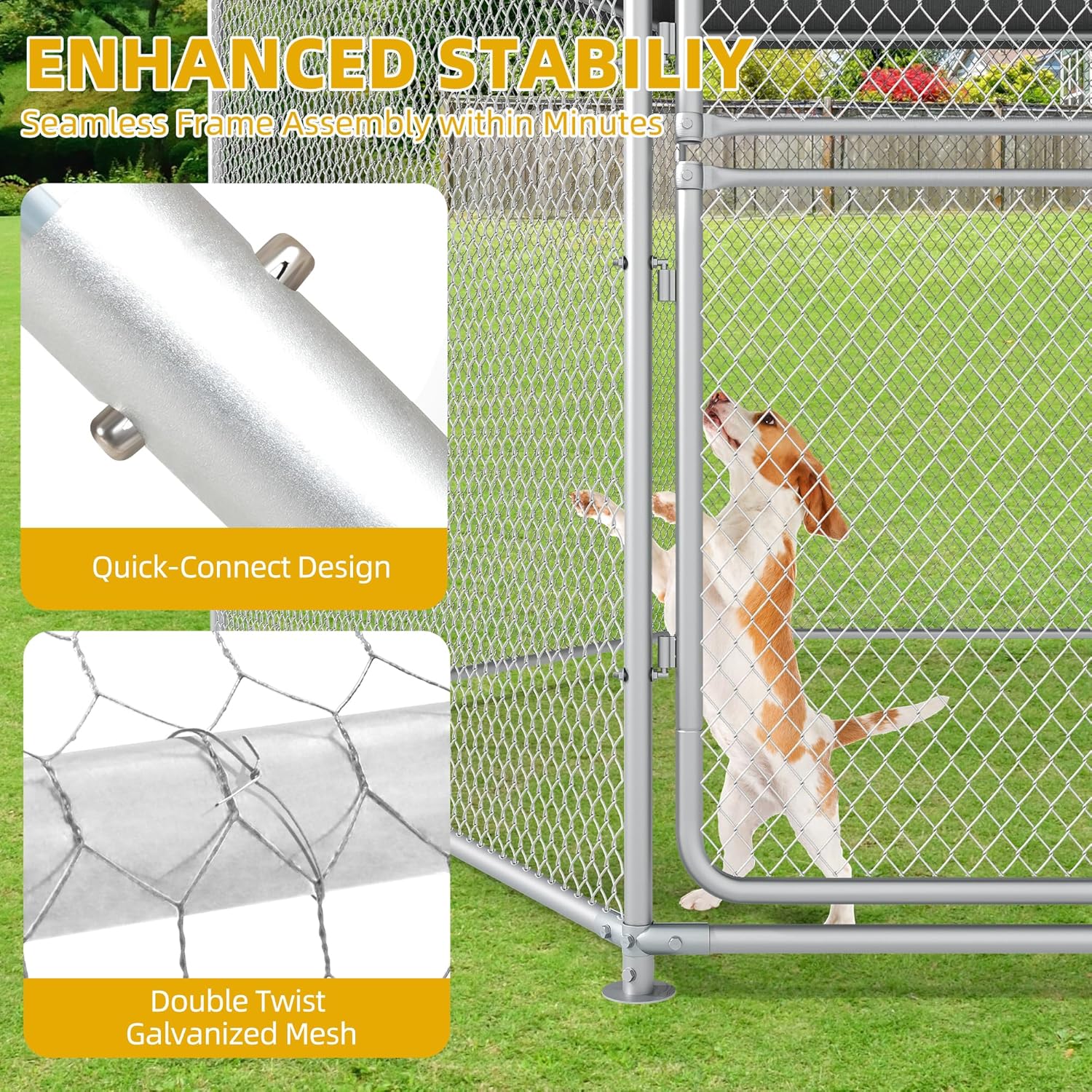 DWVO Large Outdoor Dog Kennel with Roof, Extra Large Pet Pens Dog House 13.1×11.2×7.6FT Galvanized Dog Run Enclosure with UV-Resistant Waterproof Cover & Double-Doors Chain Link Fence Outside for Yard