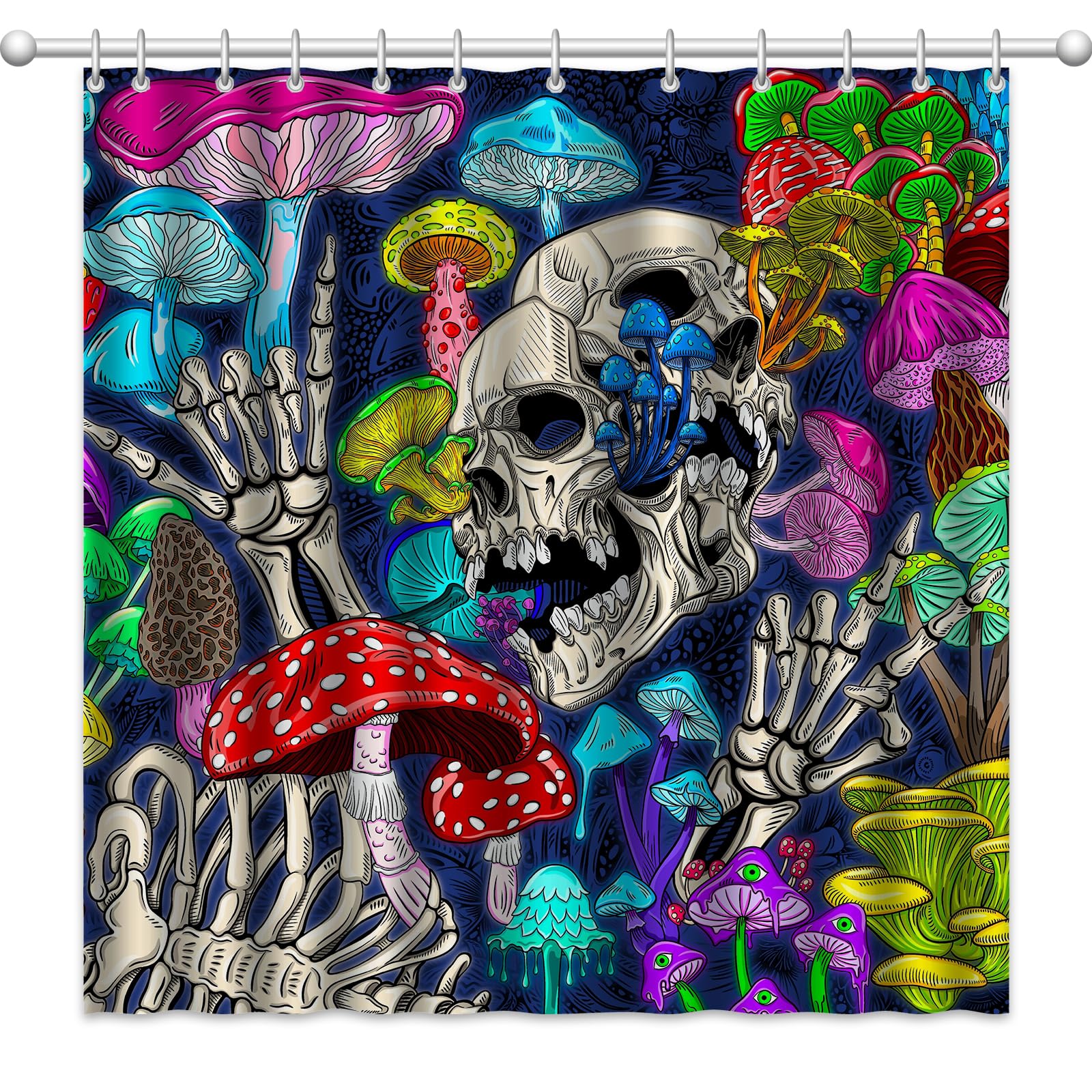Halloween Shower Curtain Skull Skeleton Mushroom Spooky Colorful Bathroom Decor Set 12 Hooks 72"x72"