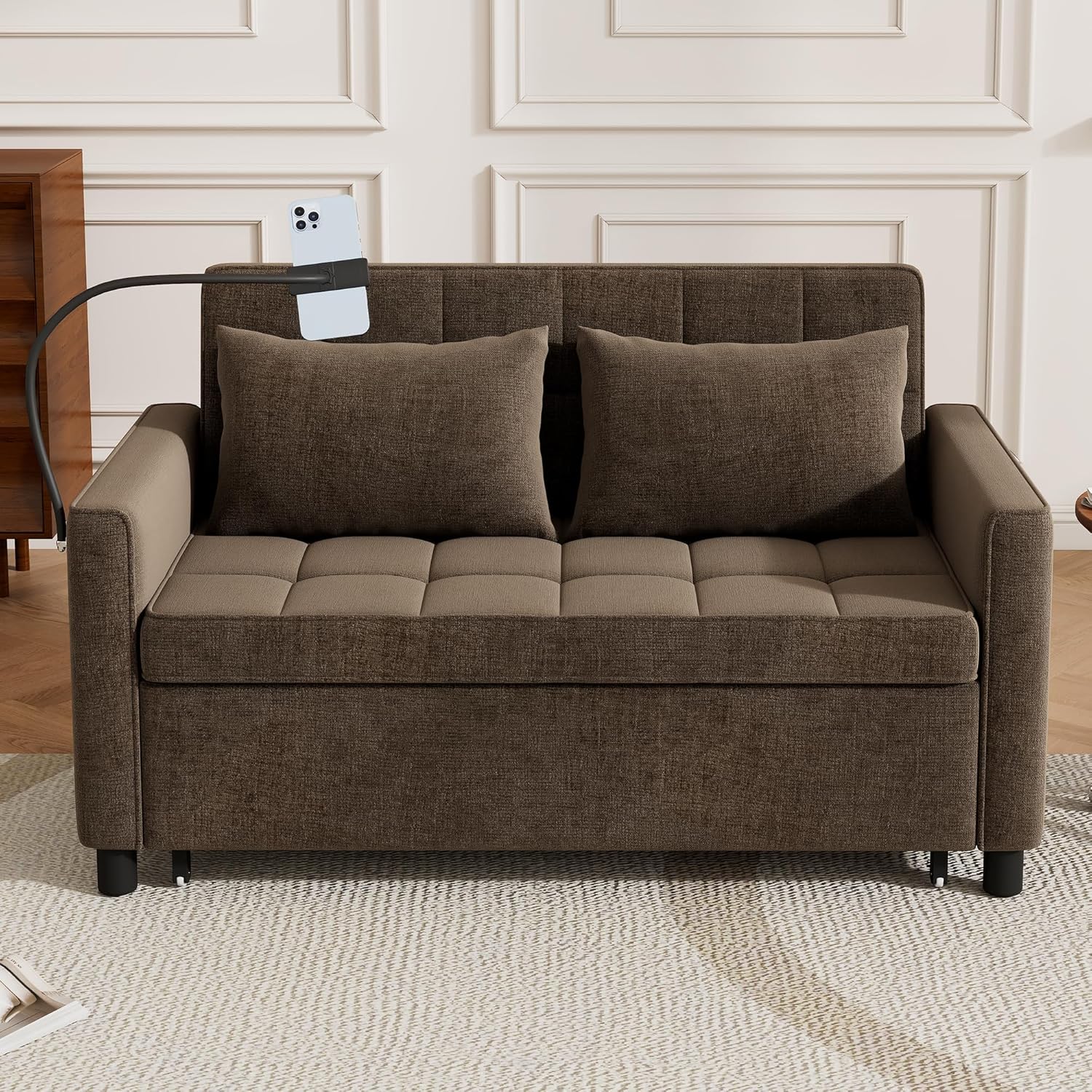 P PURLOVE Modern Pull-Out Sleeper Sofa Bed with a Reversible Backrest Cushion, Loveseat Sofa with Side Pockets, 2 USB Ports and a Phone Holder for Living Room, Apartment (Brown)
