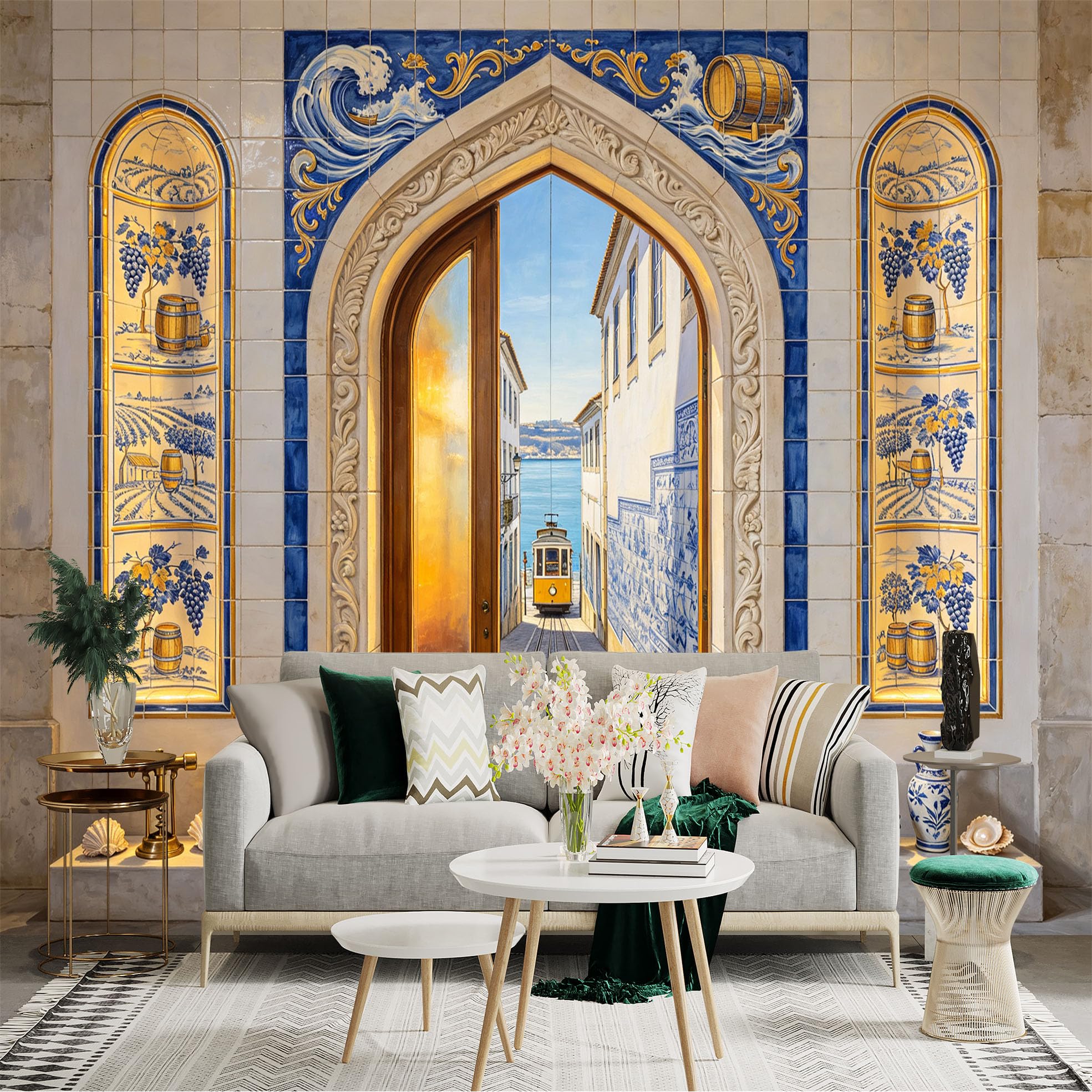 Custom Size Wall Sticker Mural， Mediterranean Archway Coastal Street Blue Tile Seaside Tram， for wall Decoration， peelandstick wall Decals.