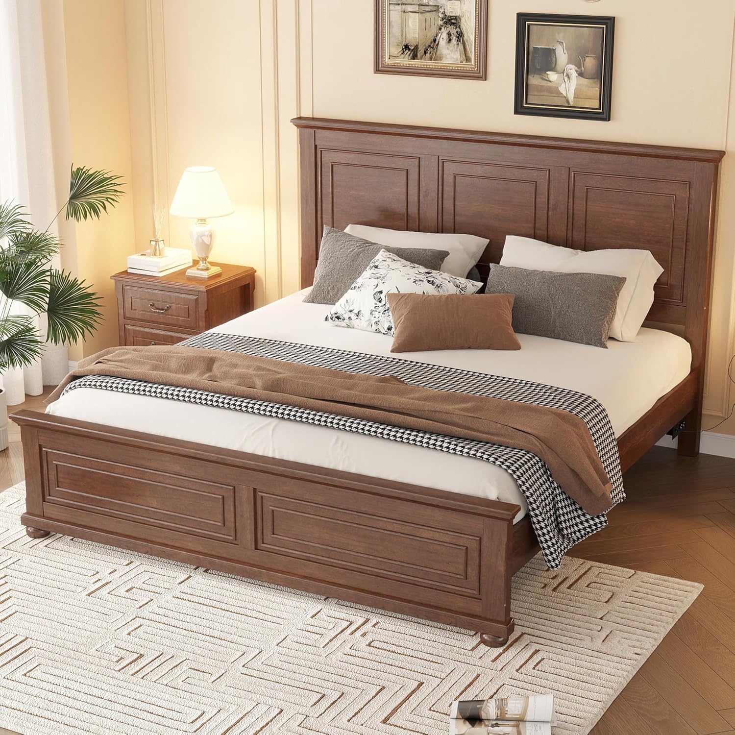 King Size Bed Frame with Tall Headboard and Footboard, Solid Pinewood Platform Bed with Integrated USB Charging Station and Power Outlets, Sturdy Wooden Bedframe, No Box Spring Needed, Walnut