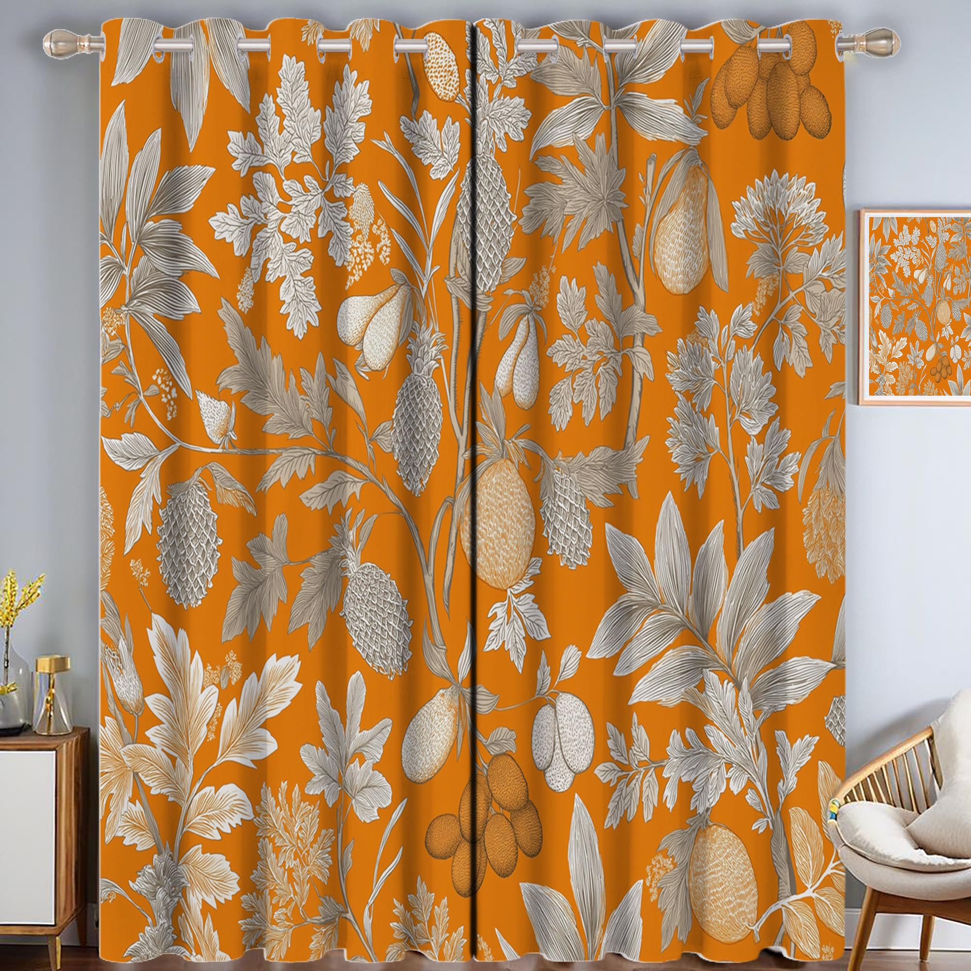 Rideaux occultants orange 140x200 cm avec impression 3D fruits et plantes pour chambre et salon