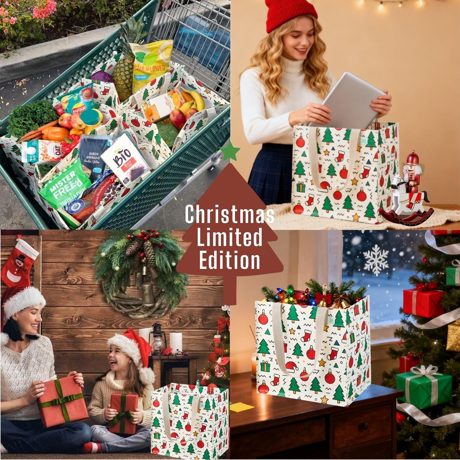 VENO 4 Pack Christmas Reusable Grocery Bags, Heavy-Duty Shopping Bags with Handles, for Shopping Cart with Hard Bottom to Stand Upright, Foldable (Jingle Mix, 4 Pack) - Image 2