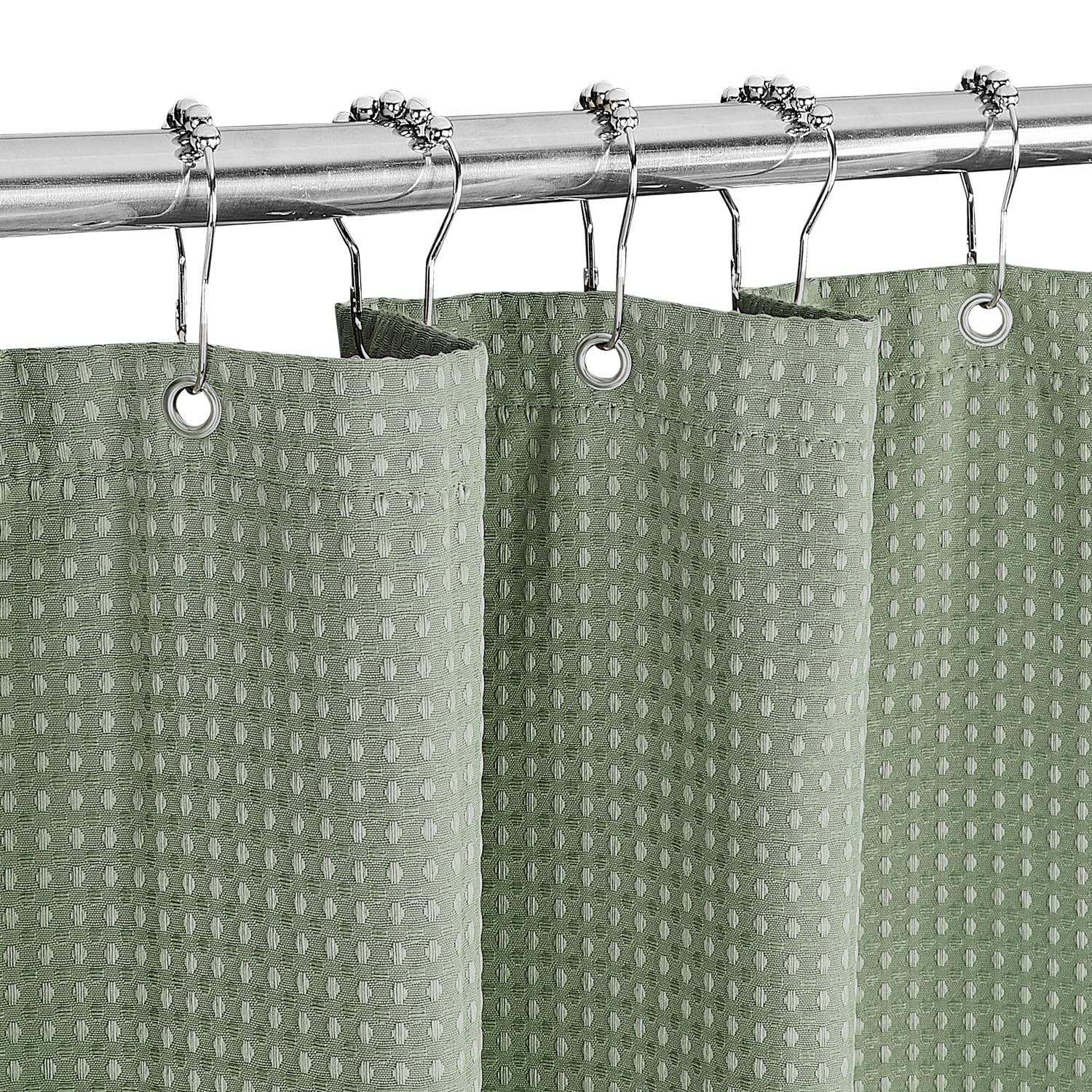 MALIRUE Cortina de Ducha Waffle Verde 183x198 cm - Poliéster Textil Lavable con imanes y 12 Anillos, Opaca e Impermeable para Ducha y baño