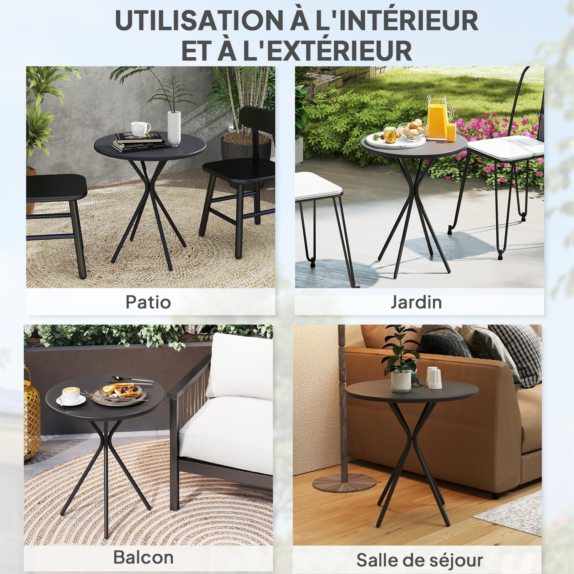 Outsunny Table de Jardin Ronde Ø 60 cm, Cadre en Acier, Charge 50 kg, Noir