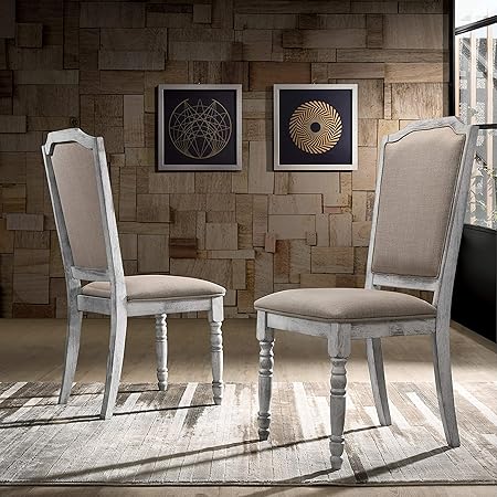 Roundhill Furniture Iris Turned Leg Wood Dining Chair, Set of 2, Weathered White