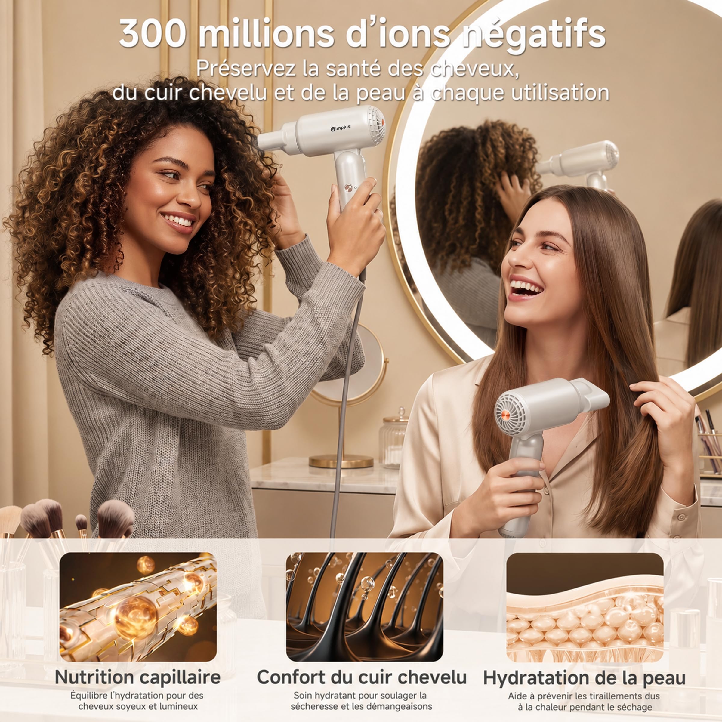 SIMPLUS Sèche-Cheveux Ionique Pliable, 1300W, Moteur BLDC 110 000 tr/min, 70 m/s, 300 Millions d'Ions Négatifs, 8 Modes, Contrôle NTC, Léger 283 g, Buse Peigne, Voyage