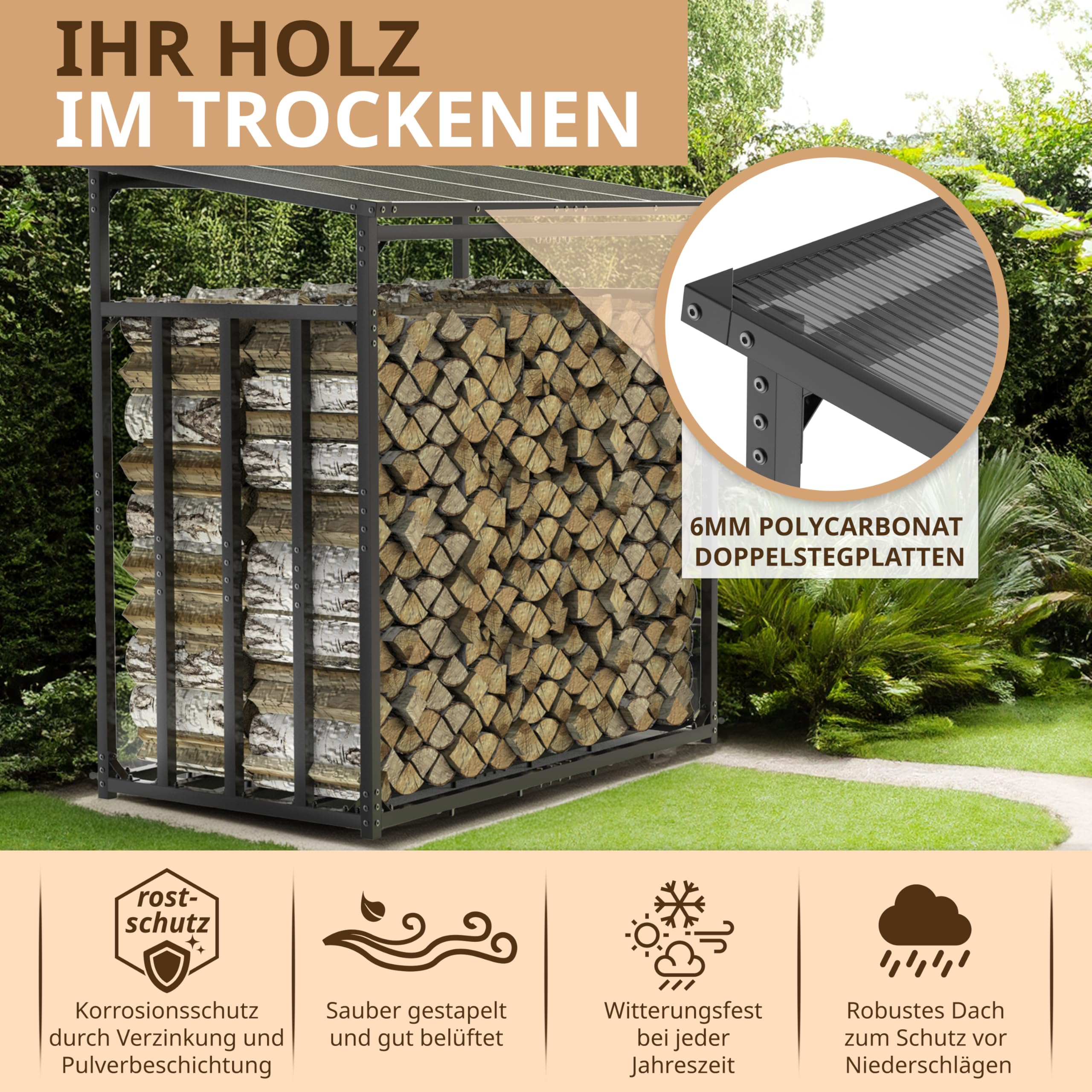 LAWA Kaminholzregal Metall mit Dach 185x105x185 verzinkt | 3,5t Tragfähigkeit, 1m tief, Brennholzregal außen, Stapelhilfe, Unterstand für Feuerholz, für 25cm Holzscheite
