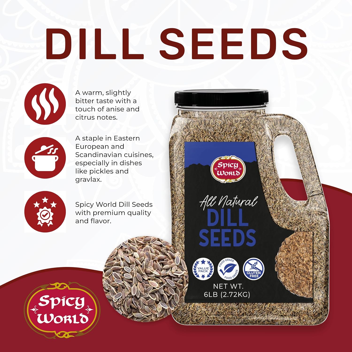 Dill Seeds 6 LB Jar - Bulk Jar, Whole Spice, Perfect for Pickling and Eating, Resealable - By Spicy World