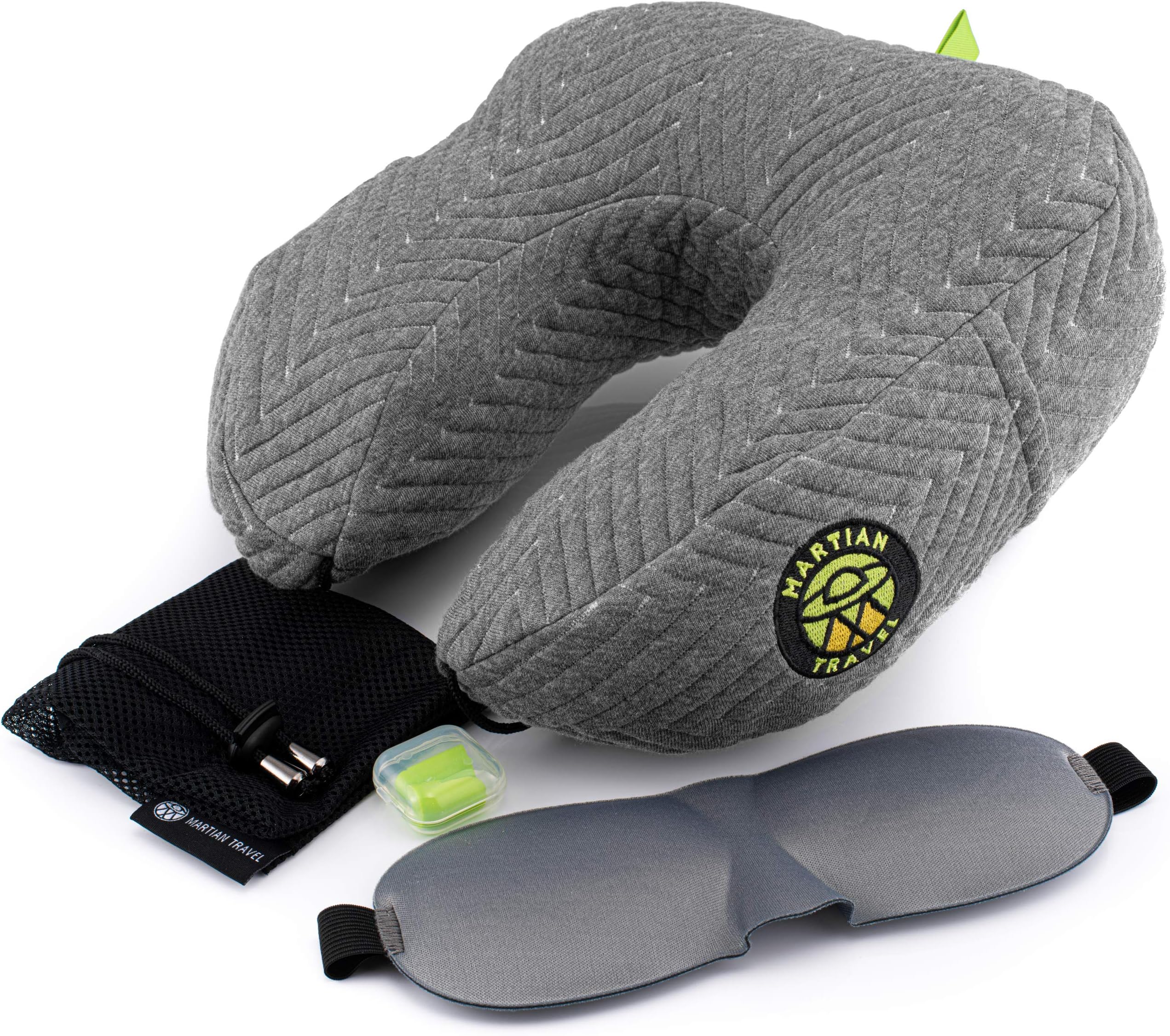 Coussin de Voyage de luxe par Martian Travel avec un coussin en mousse mémoire déchiqueté - Très doux et résistant - Confortable et ajustable, avec une housse lavable, 2 poches latérales, un masque 3