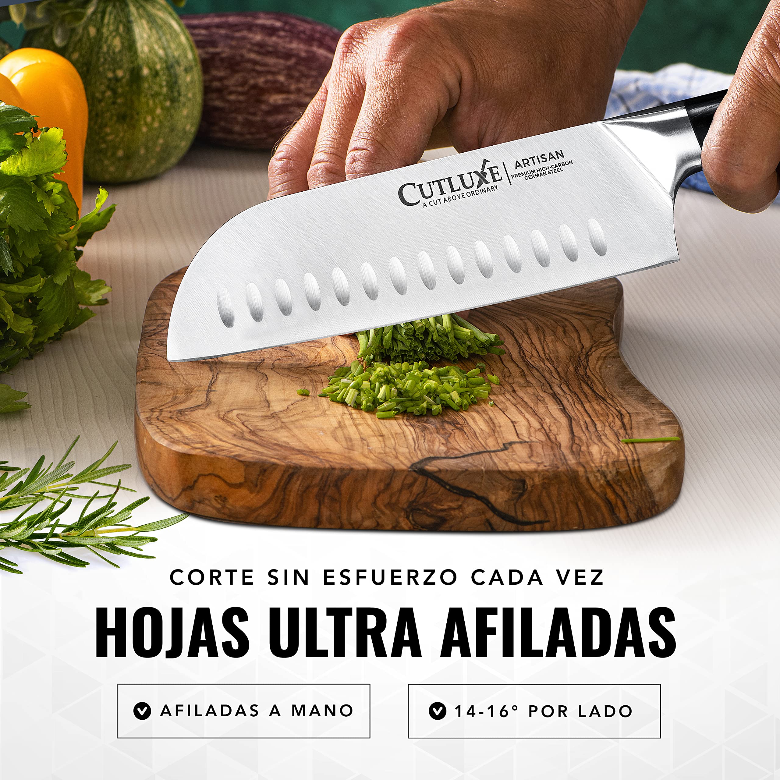 Cutluxe Cuchillo Santoku – 18 cm Cuchillo Profesional de Chef Con Funda– Acero Alemán con Alto Contenido de Carbono – Cuchilla Afilada y Espiga Completa – Diseño de Mango Ergonómico – Serie Artesano