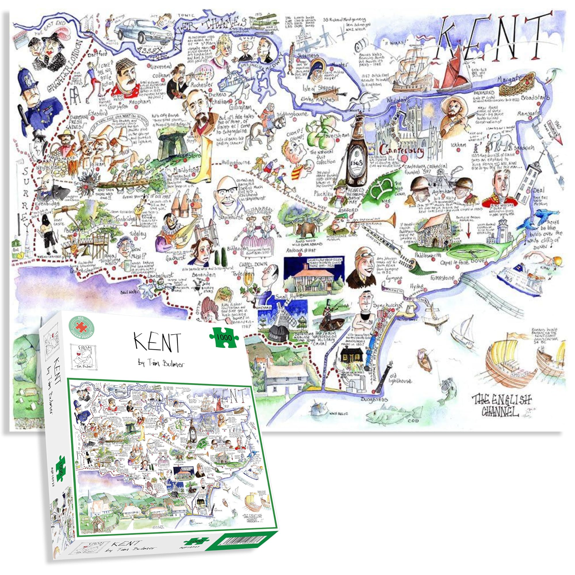 Carte Comique du Kent par Tim Bulmer - Puzzle de 1000 pièces pour Adultes, de Grande Taille 66cm x 50cm. Un défi à compléter mais Amusant et Humoristique.