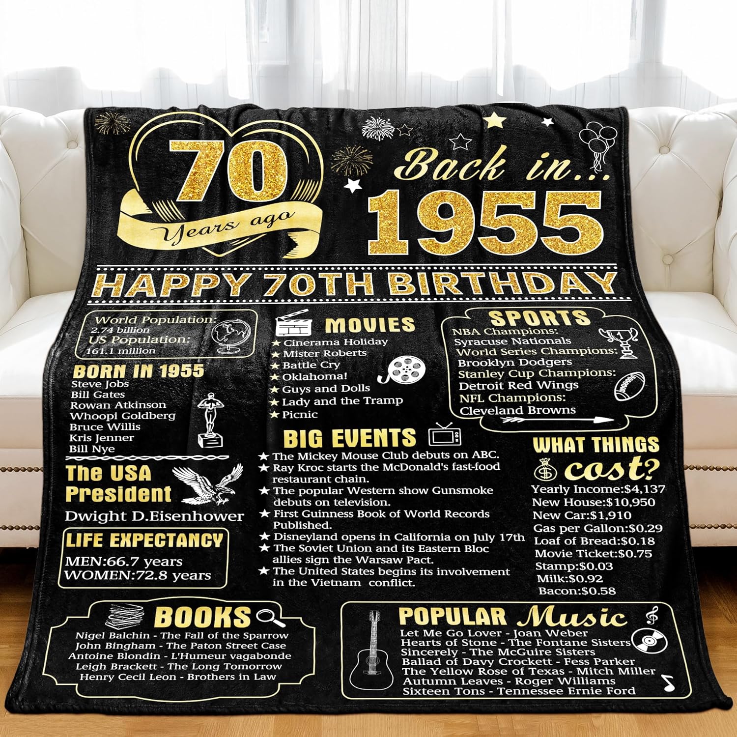 70 Years Ago 70th Birthday Wedding Anniversary Throw Blanket, Perfect 1955 Birthday Gifts Ideas for Wife Husband Mom Dad Friends, Rose Gold Back in 1955 70th Birthday Gifts