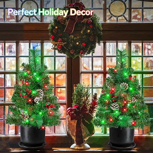 Miniatura 4 de Árbol de Navidad Pathway, paquete de 2 pinos artificiales inteligentes preiluminados RGB de 30 pulgadas que cambian de color con conos, control