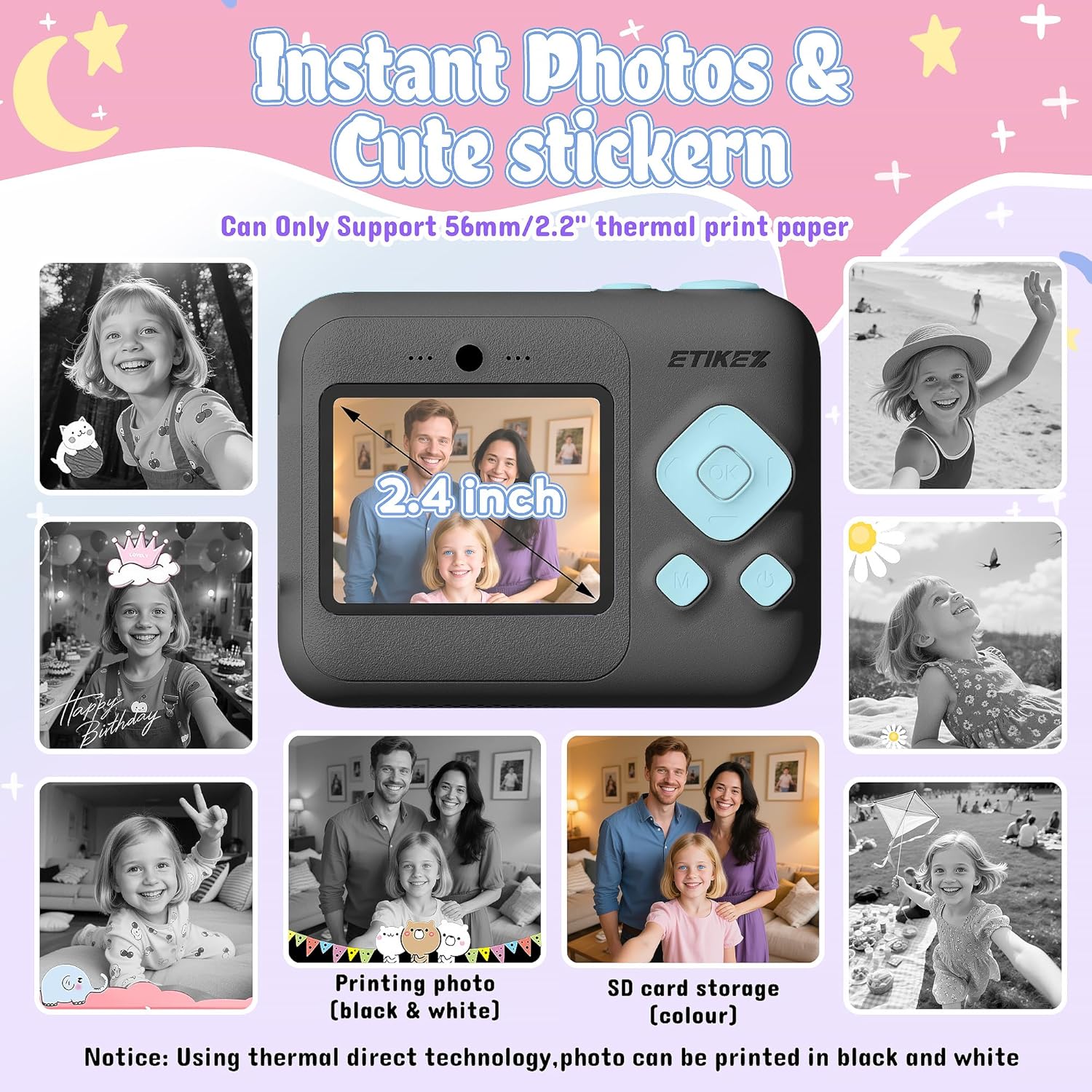 Kids Camera, 1080P Instant Digital Print Camera for Kids, Christmas Birthday Gifts for 4 5 6 7 8 9 10 Year Old Girls Boys, Portable Toy with 32GB SD Card & 3 Rolls Printing Paper, Black