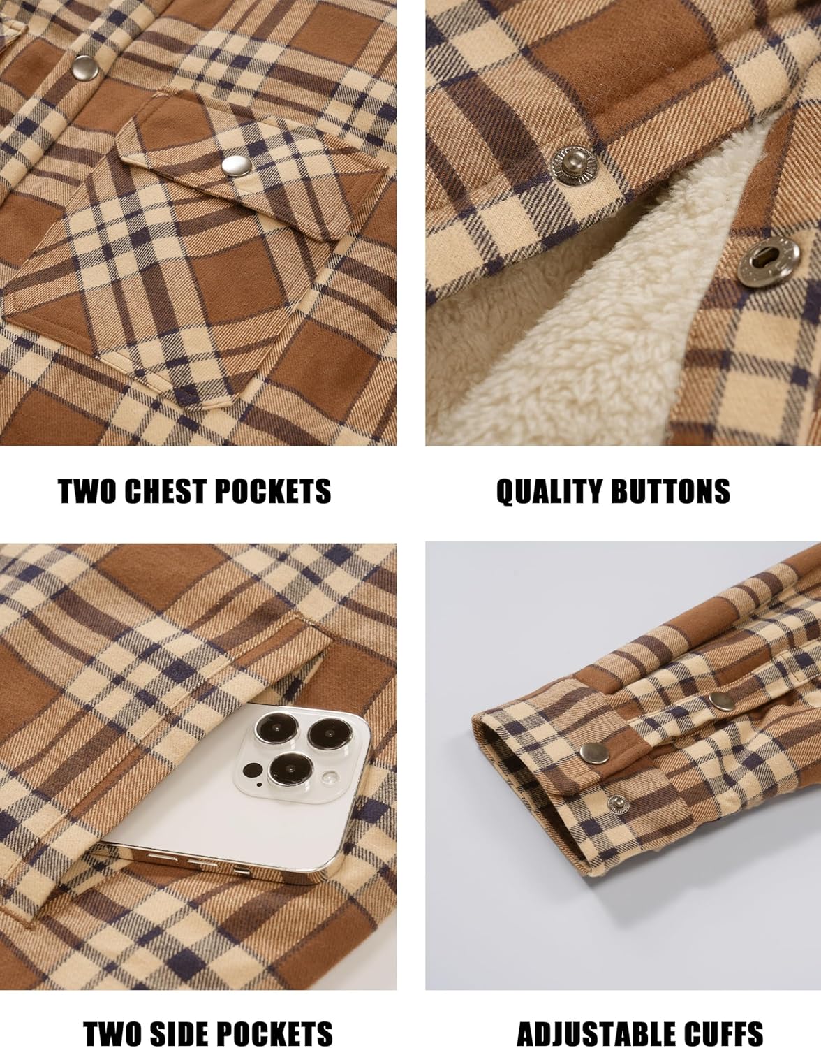 Cotrasen Flannel Jacket for Men with Hood Sherpa Lined Fleece Plaid Shirt Jacket Cotton Soft Warm Winter Coat with 5 Pokects - Image 5