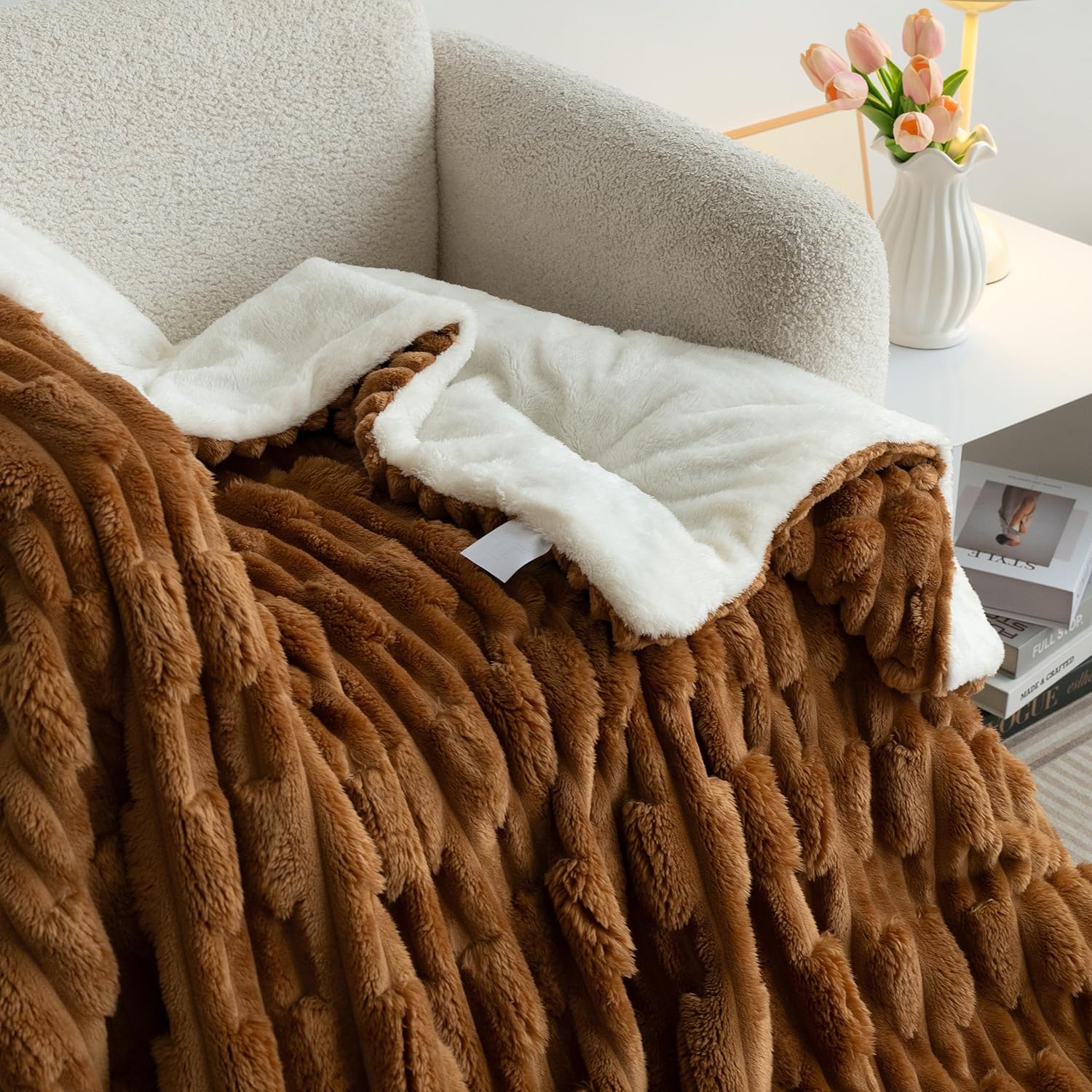 UKELER Ultra Soft Fuzzy Sherpa Bed Throw Blanket 50 × 60 inch, Thick Striped Fleece Blanket for All Season, 610 GSM Warm and Cozy Blankets for Couch Bed Sofa Office Camping, Coffee - Image 3