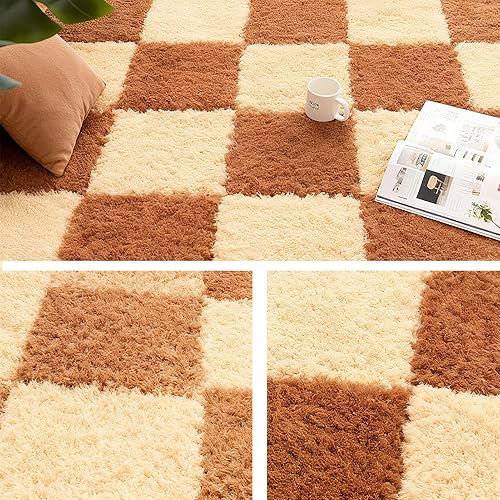 Vista 46 de Tapete de espuma de felpa gruesa que se entrelaza, 24 piezas de 12 x 12 pulgadas, tapetes cuadrados esponjosos de espuma con bordes, alfombra