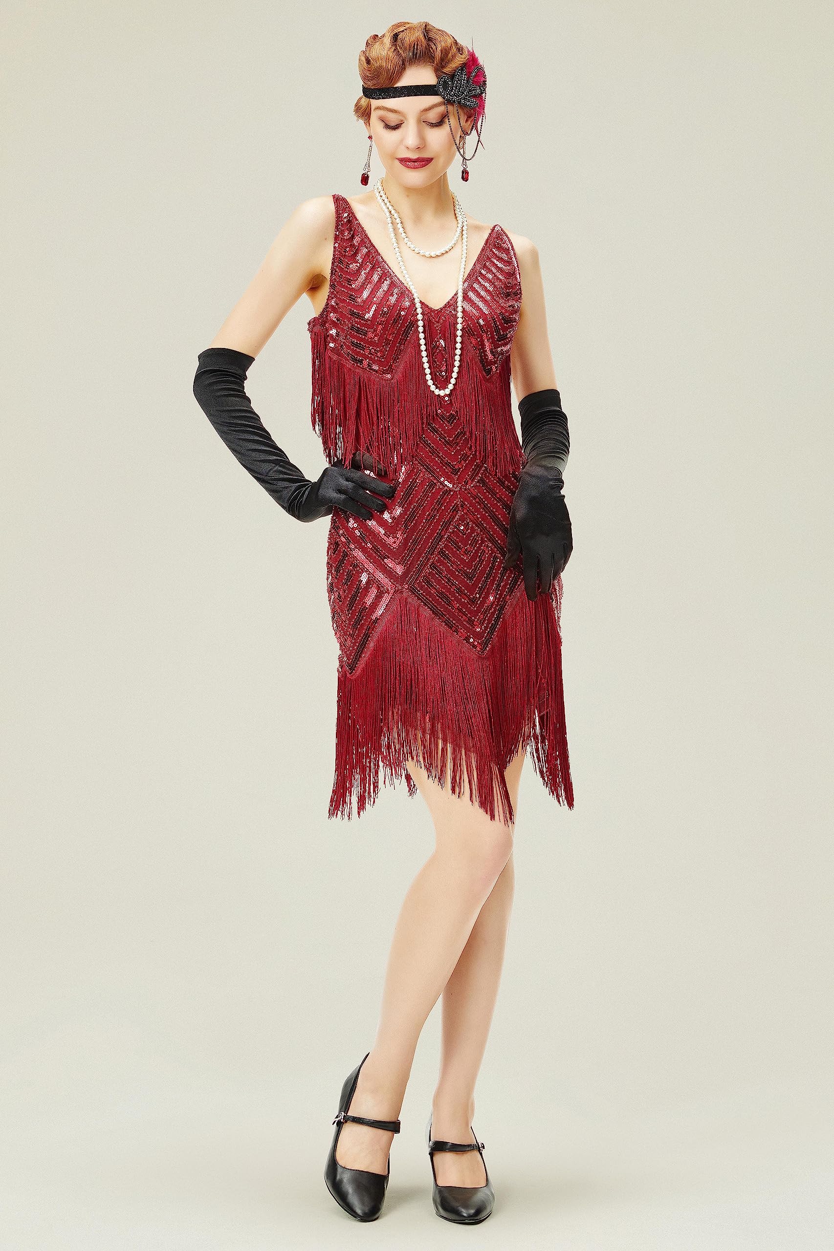 BABEYOND Robe garçonne des années 1920 avec col en V pour Femme - Robe Gatsby Le Magnifique des années 20