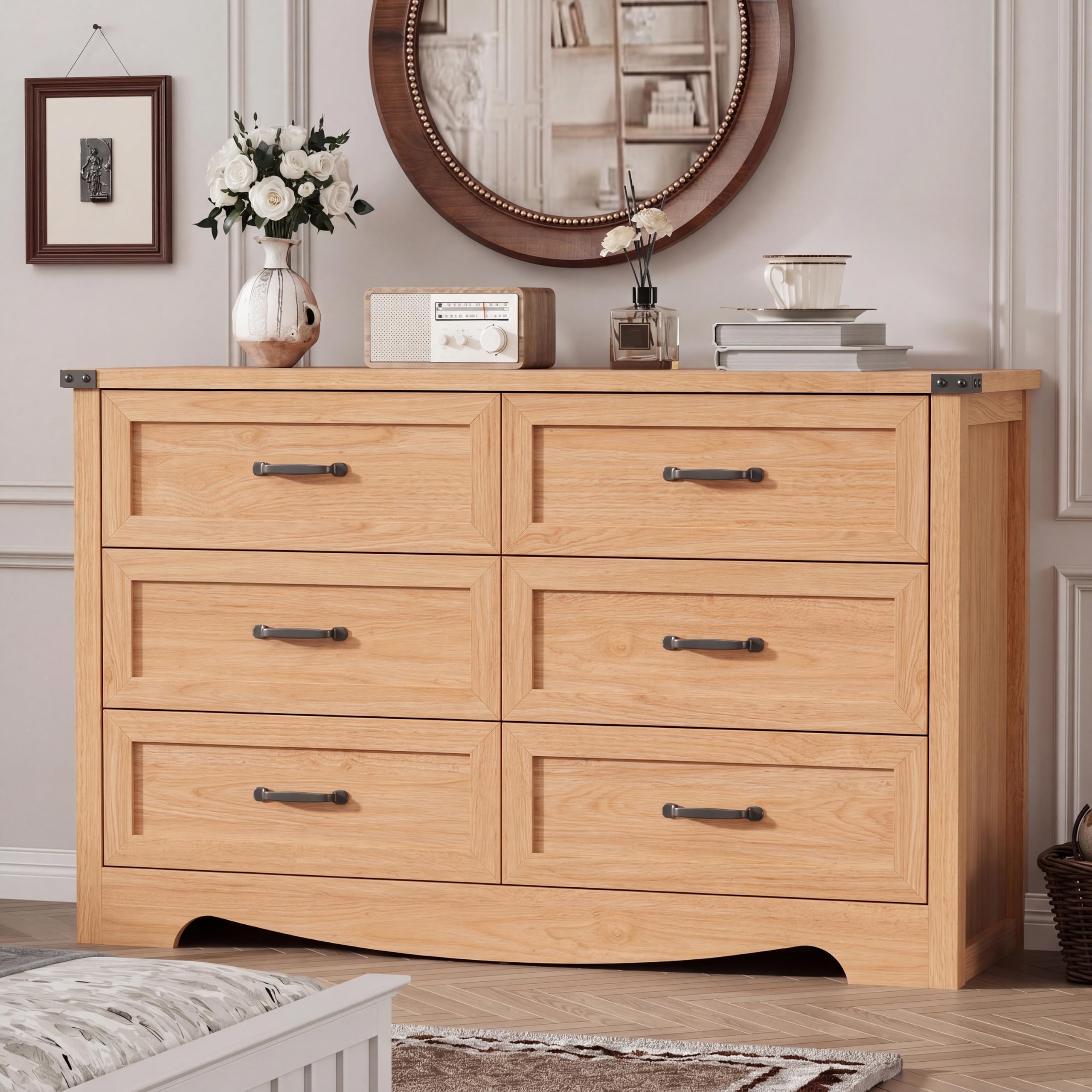 Dresser for Bedroom with 6 Drawers, 54" Wide Wood Chest of Drawers with Deep Drawers &amp; Mental Handle, Modern Dresser TV Stand, Wooden Closet Storage Organizer for Living Room, Hallway, Entryway, Oak