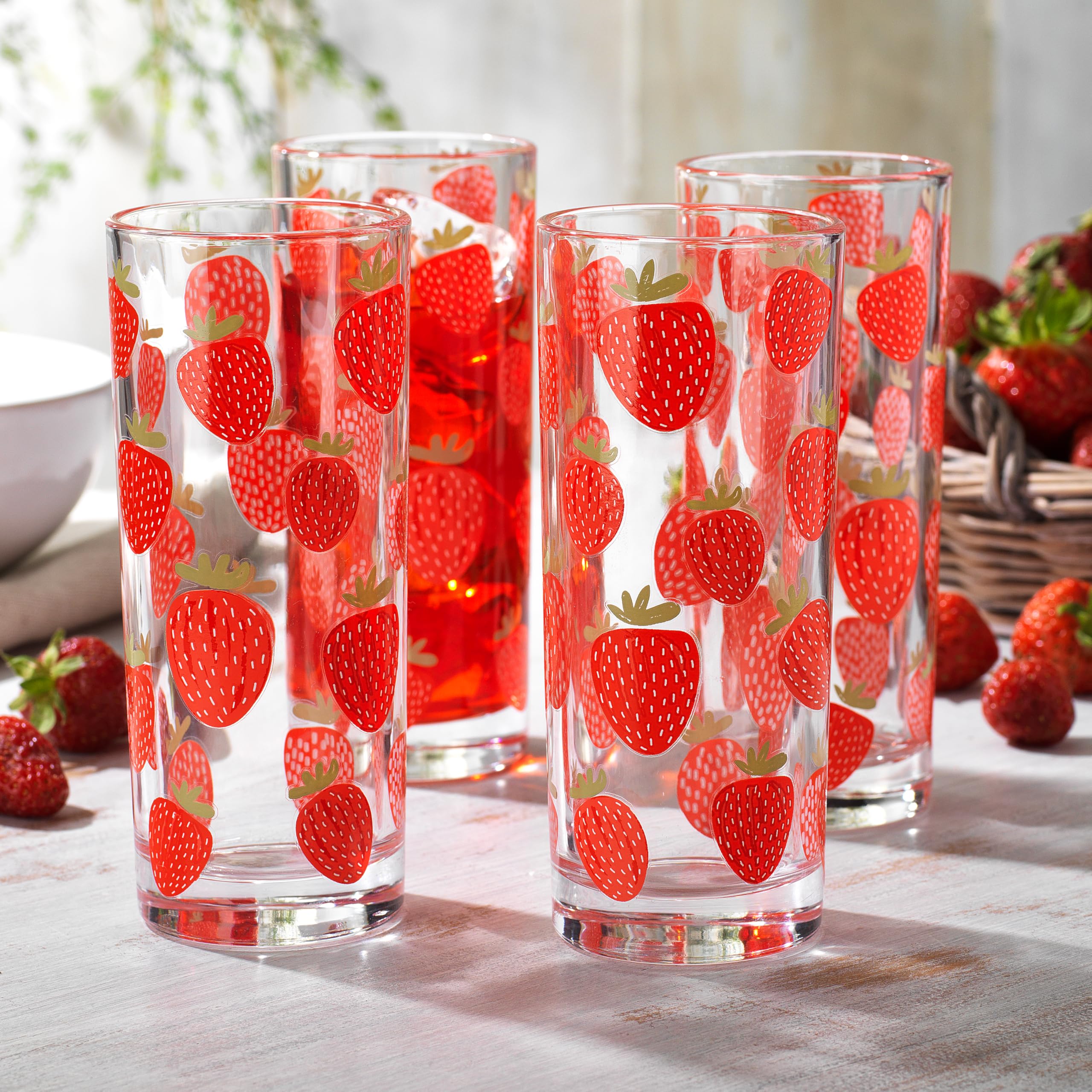 Longdrinkgläser mit Erdbeermuster, 284 ml, Sommerfrucht-Design, Trinkgläser, 4 Stück, Saft-Trinkgläser