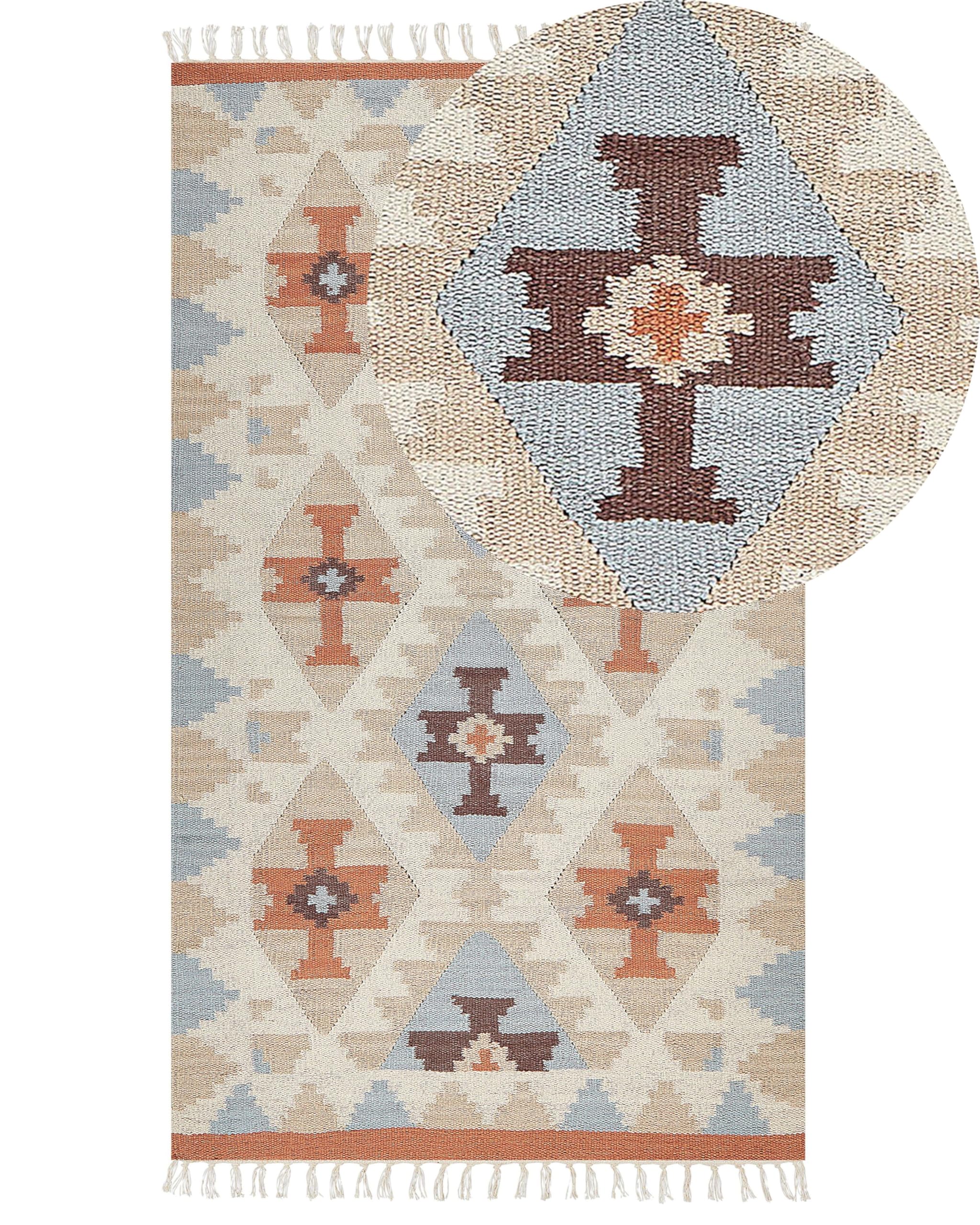 Alfombra kilim de algodón beige azul naranja 80 x 150 cm geométrico Dilijan