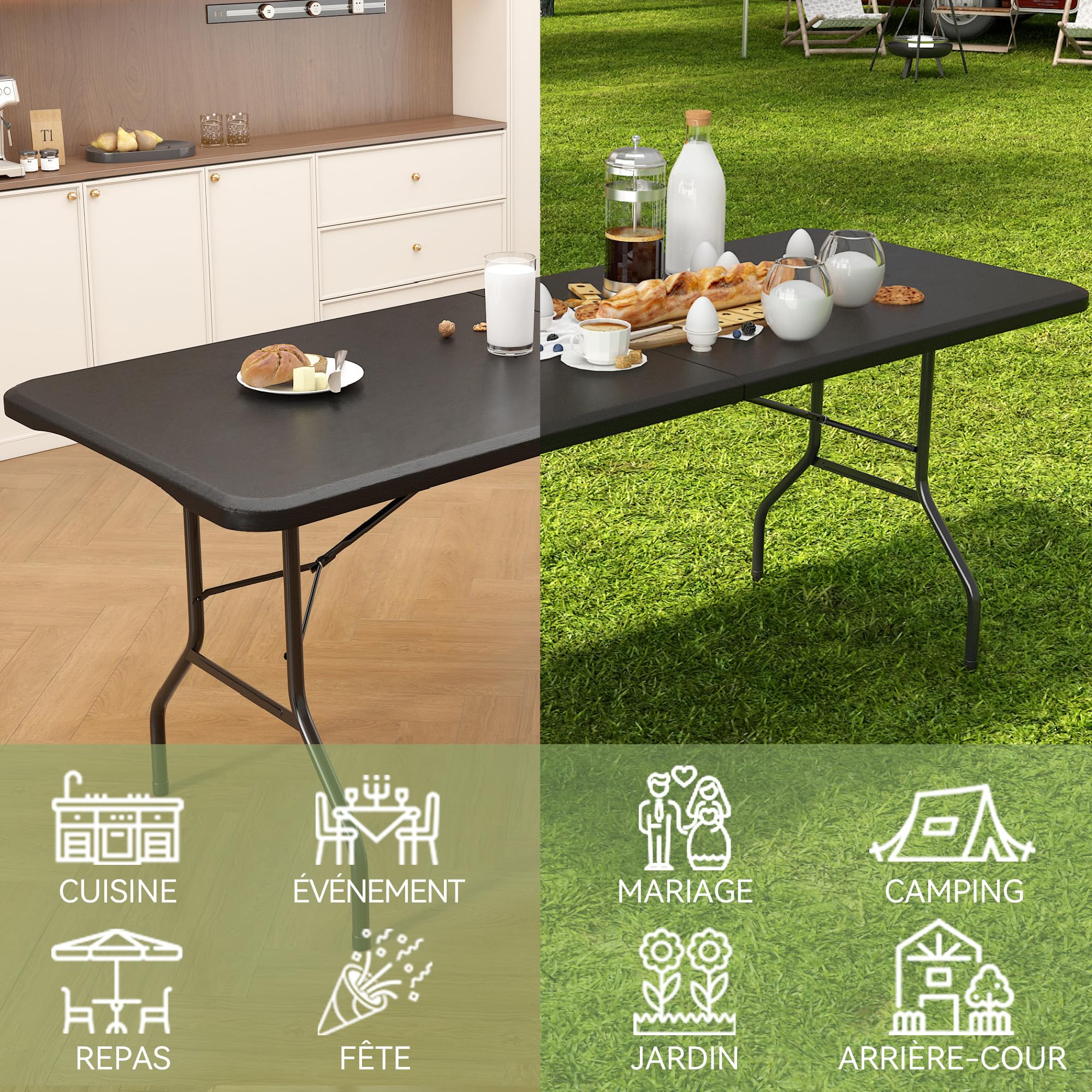 mcc direct 180cm Klapptisch schwerlastfähig – robuster Kunststofftisch mit Tragegriff, für Garten, Camping, Party & Catering, 6FT Schwarz