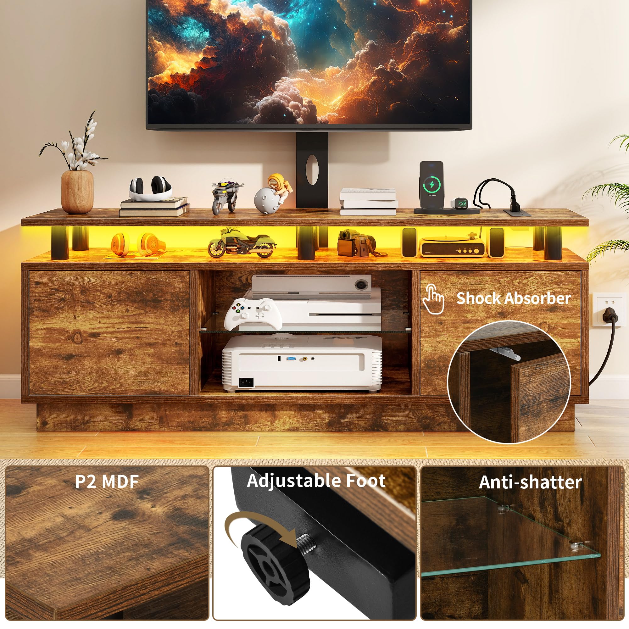 DWVO TV Stands for Living Room, Modern TV Stand for 70/65 inch TV with Mount & Power Outlet, LED Entertainment Center with Storage, Gaming Media Stand, Rustic Brown