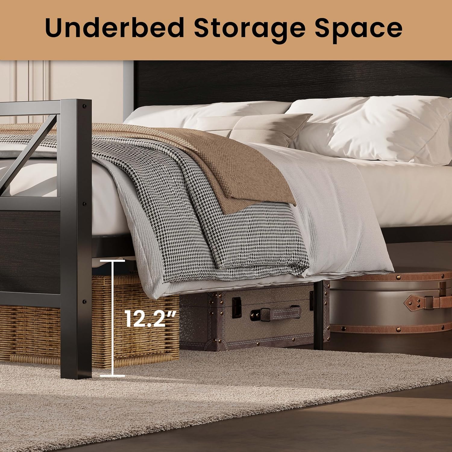 LIKIMIO King Bed Frame, Tall Industrial Headboard 51.2 ", Platform Bed Frame with Strong Metal Support, Solid and Stable, Noise Free, No Box Spring Needed, Easy Assembly, Black