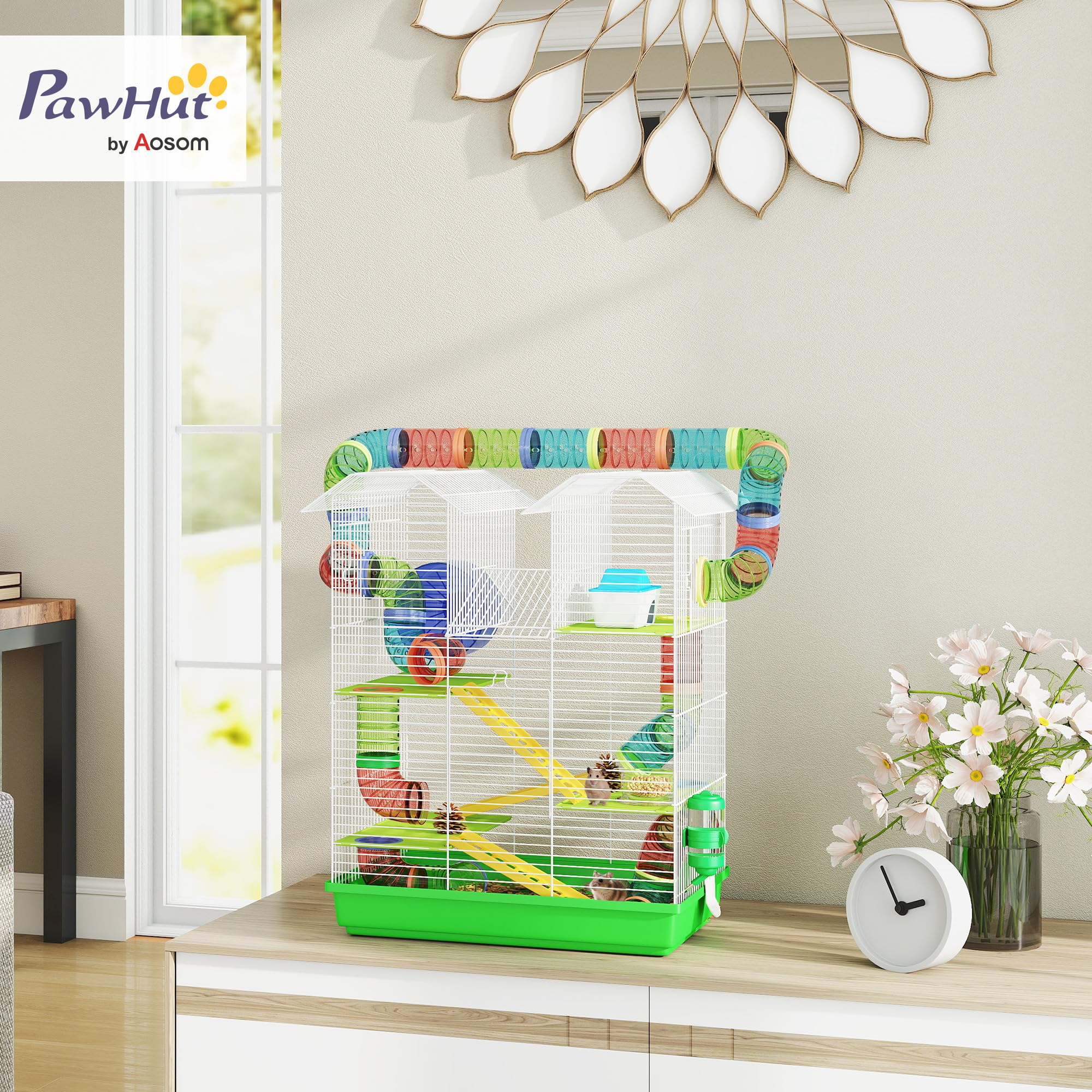 PawHut Jaula para Hámster de 5 Niveles, 47x30x59 cm, Casa para Animales Pequeños con Túnel, Comedero, Bebedero, Casita, Rueda de Ejercicio, Escaleras, para Ratas y Jerbos, Verde