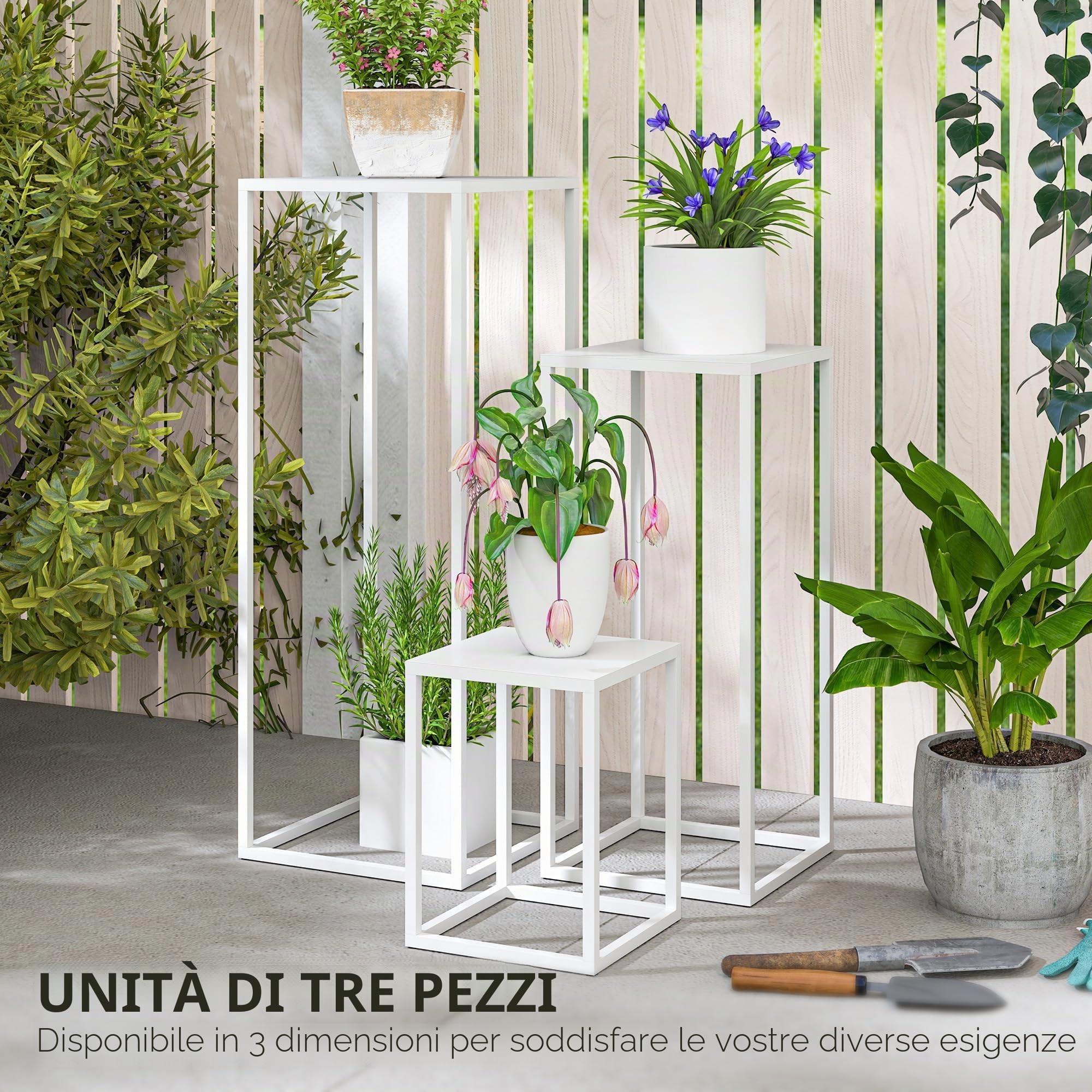 Outsunny 3 supporti per piante quadrati impilabili metallo bianco
