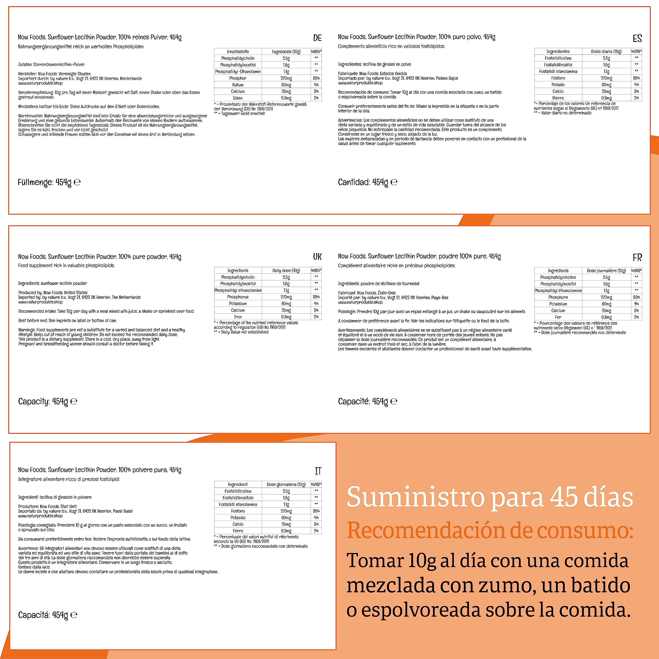 Now Foods, Sunflower Lecithin (Lecitina de Girasol), Polvo Puro Vegano, 454g, Probado en Laboratorio, Sin Gluten, Sin Soja, Vegetariano