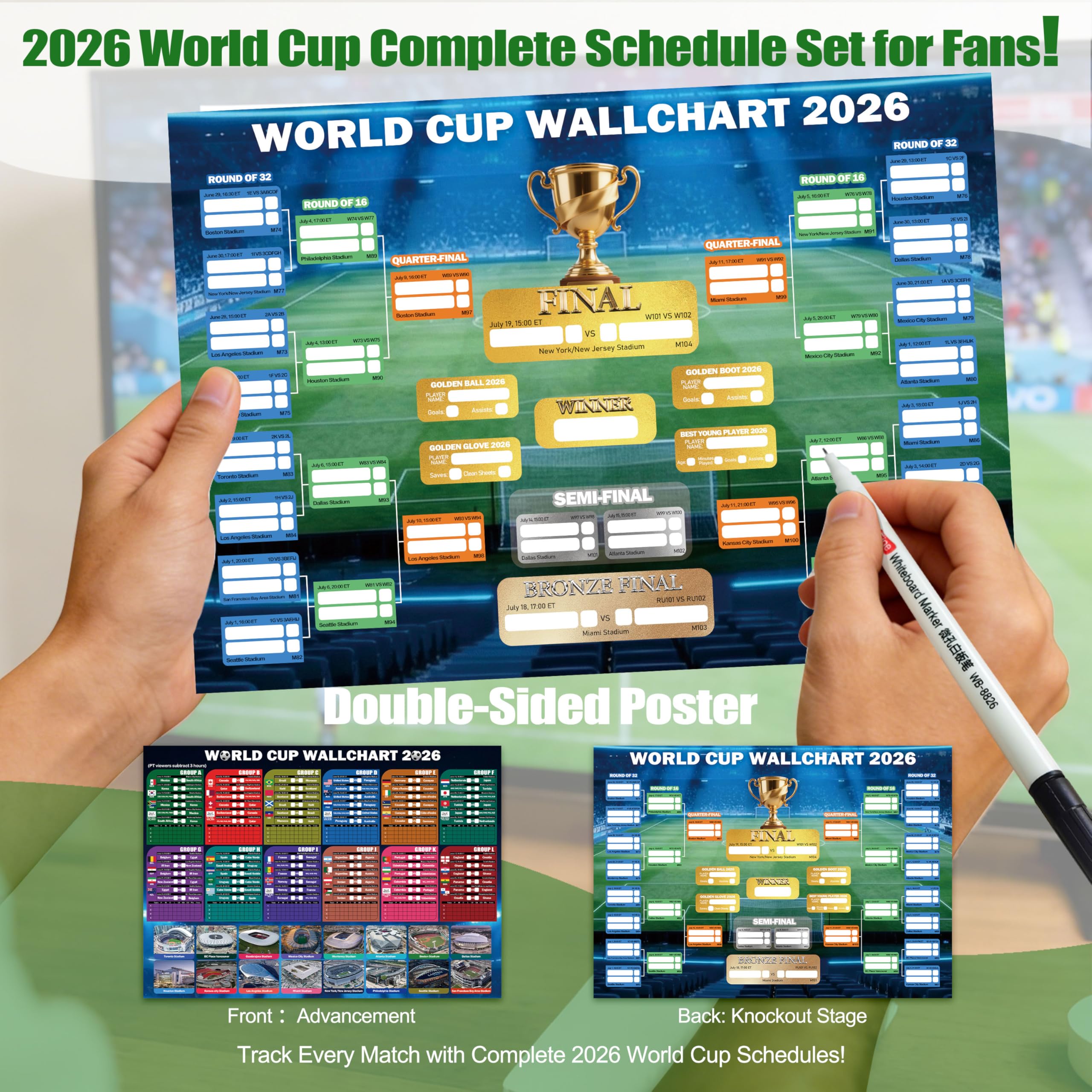 Set per tifosi della Coppa del Mondo 2026, include 10 kit per tifosi nazionali con fascia per la testa, 2 bastoncini di tuono, bandiera, braccialetto, borsa con coulisse, poster cancellabile a secco e