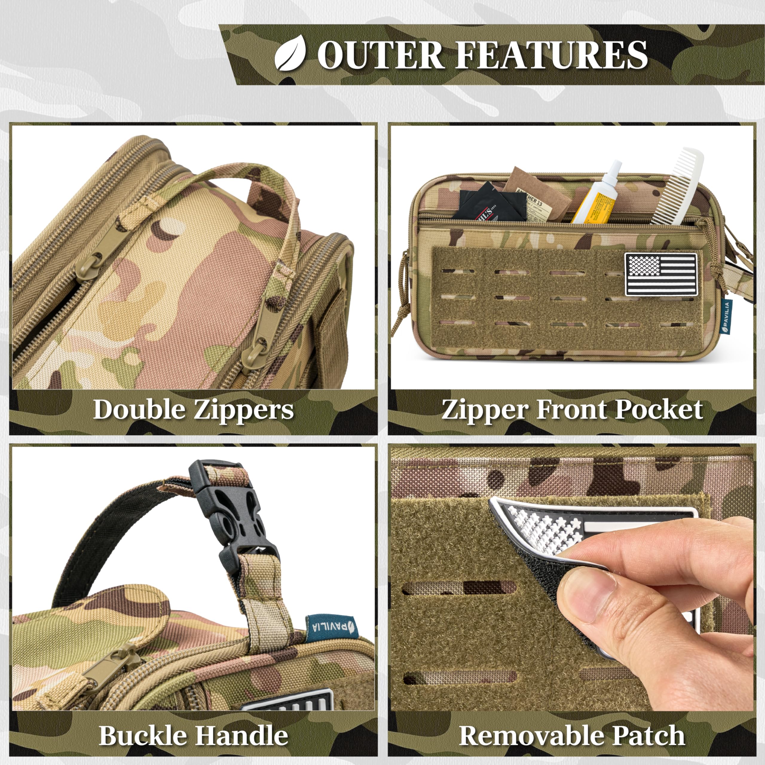 PAVILIA Taktischer Kulturbeutel für Herren, Hygiene-Reisetasche, Militär-Dopp-Kit, wasserabweisend, Molle-Tasche, für Herren, für Rasur, Pflege, Badezimmer, Dusche, Toilettenartikel, kleiner Organizer