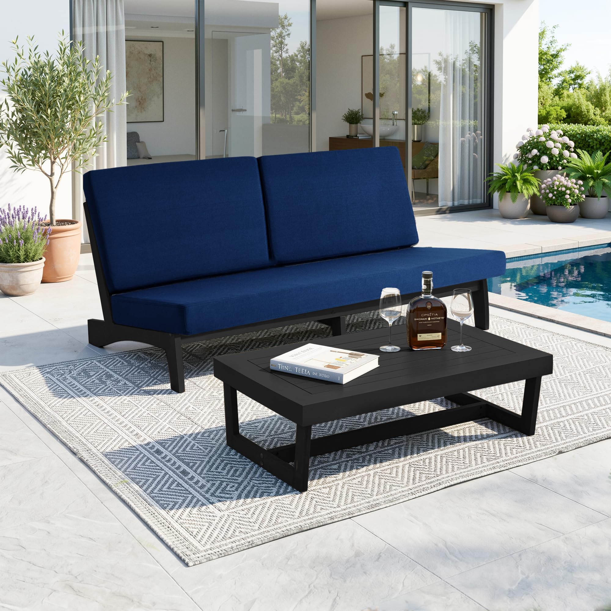 Pia Ricoo 2-Piece Patio Furniture Set, Outdoor Wood Sofa with Coffee Table, 4.5-Inch Thick Cushions, All-Weather Conversation Set for Backyard, Deck, Lawn - Navy/Drak