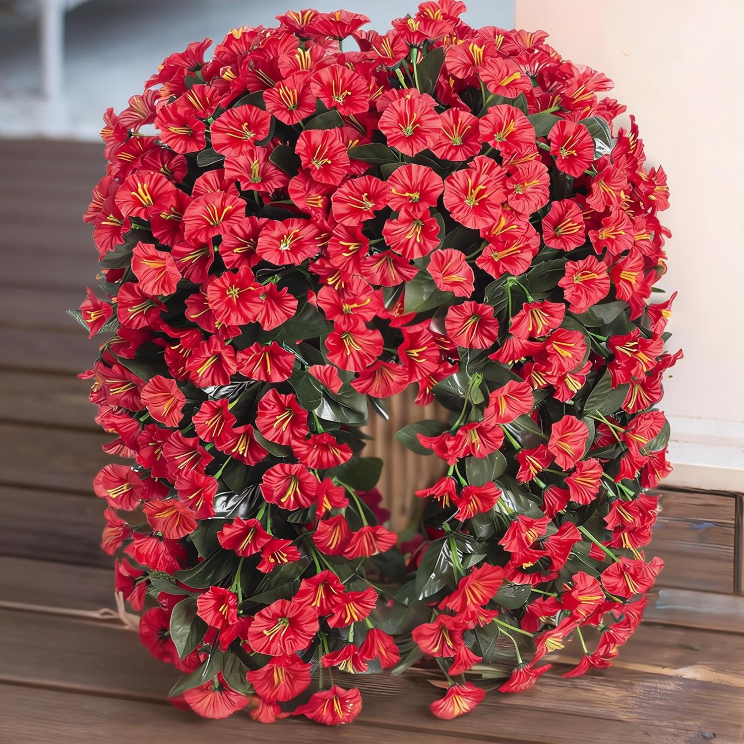 Artificial Flowers for Outdoor Decor, 2 Bundles Fake Silk Red Morning Glory Long Vines UV Resistant Realistic for Home Porch Patio Balcony Planter Decoration