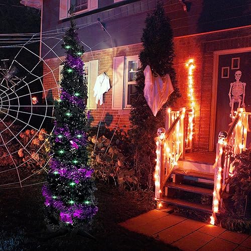 Miniatura 7 de Árbol de Navidad desplegable para decoración de Halloween, mini árbol de Halloween preiluminado de 5 pies con 60 luces, árbol de Navidad artificial