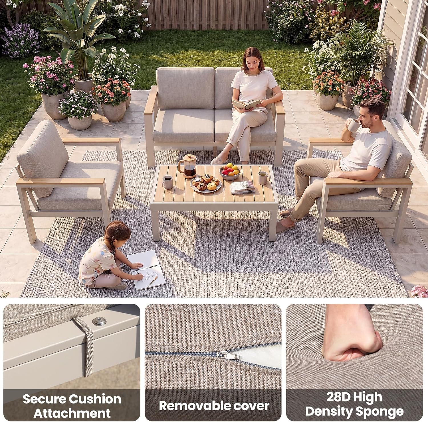 7-Seater Beige Aluminum Patio Conversation Set, Outdoor Sectional Sofa Set with Coffee Table, 1.5mm Thick Powder-Coated Frame, Weather Resistant Outdoor Furniture with Washable Waterproof Cushions