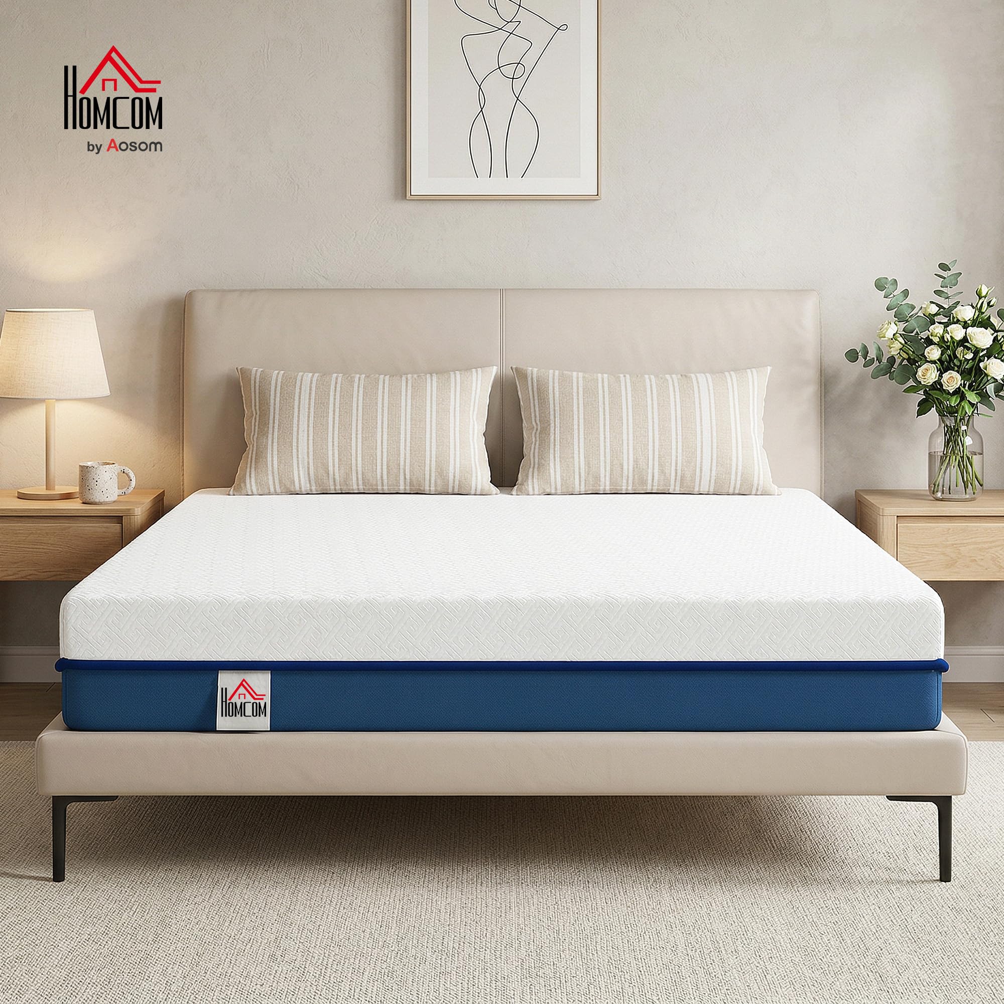 HOMCOM Colchón 190x135 cm, Grosor 20 cm, Viscoelástico, Firmeza Media | Té Verde, Cama Refrescante, Espuma de Gel, Funda Lavable, Certificado Oeko-Tex, Enrollable en Caja