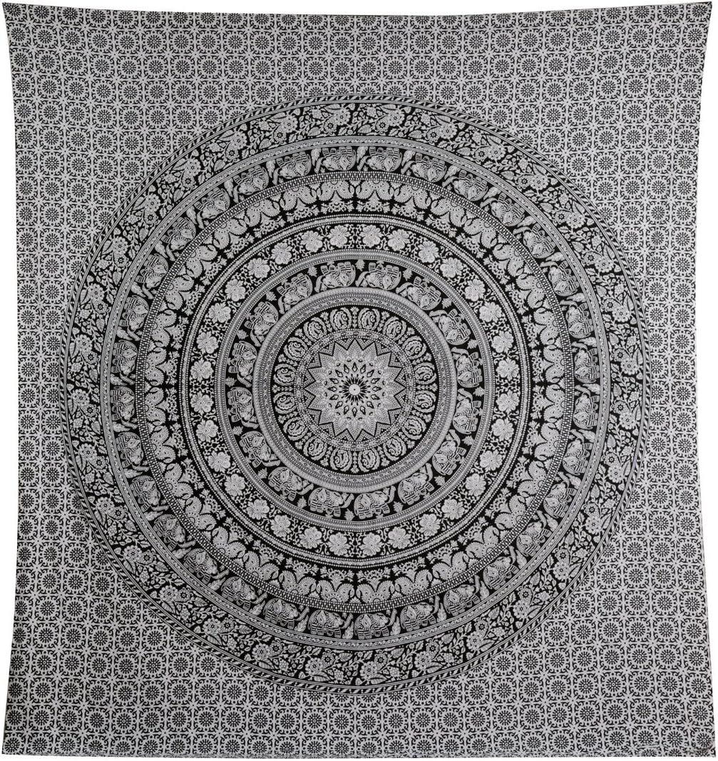 RAJRANG Indian Mandala Large Tapestry Wall Hanging Black And White Elephant Cotton Aesthetic Tapestries For Bedroom Hippie Beach Bohemian Boho Decor Table Cloth Queen 90x84 Inches