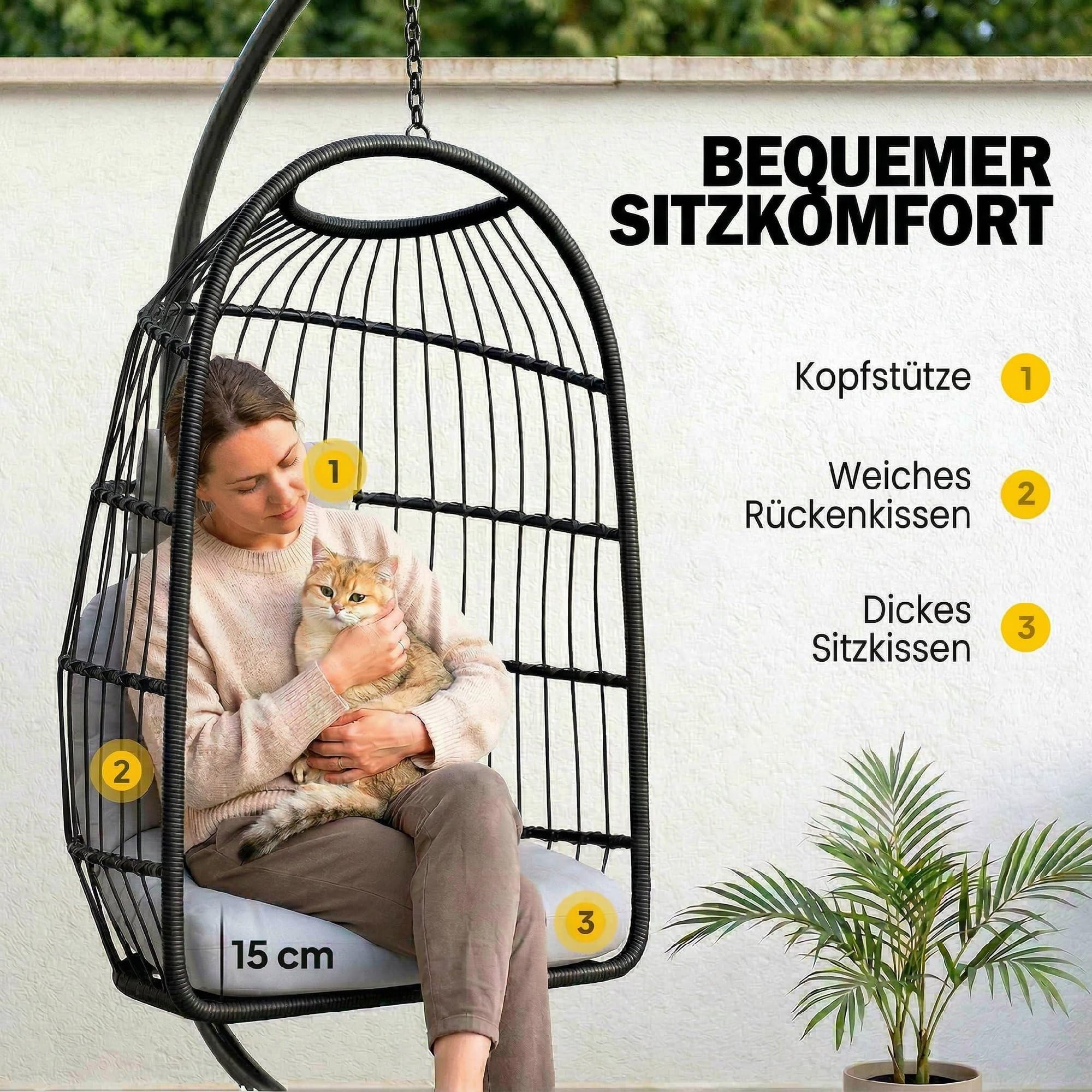 Outsunny Hängesessel mit Gestell faltbar Polyrattan Hängekorb mit Kissen | Sicherheitsgurt, Kopfstütze, Bänder, X-Bein, Höhenverstellbar, Hängeschaukel, Outdoor Hängestuhl für Balkon Terrasse