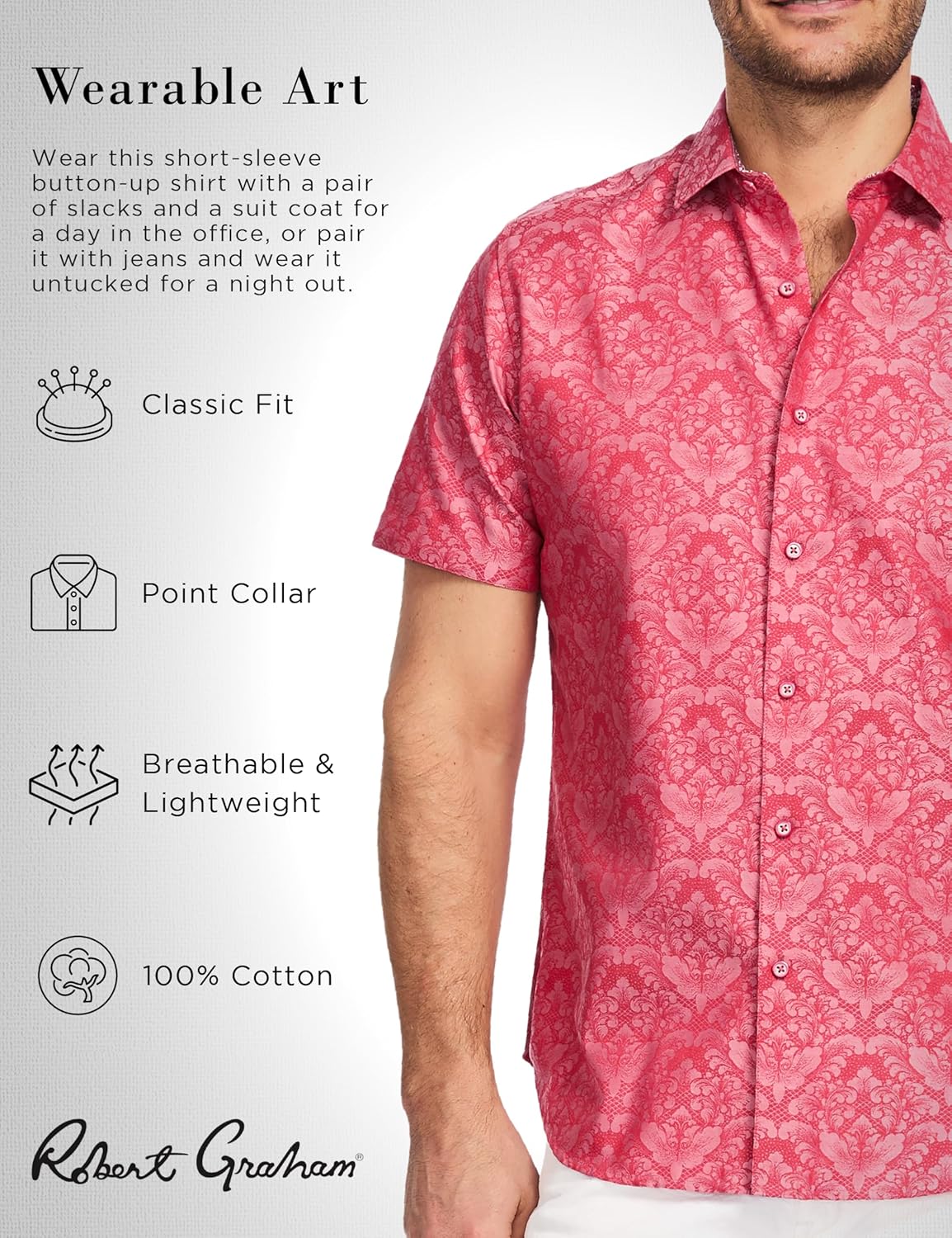 Robert Graham Men's Bayview Short-Sleeve Woven Button Down Shirt, Premium Cotton Knit Top, Classic-Fit & Richly Detailed - Image 2