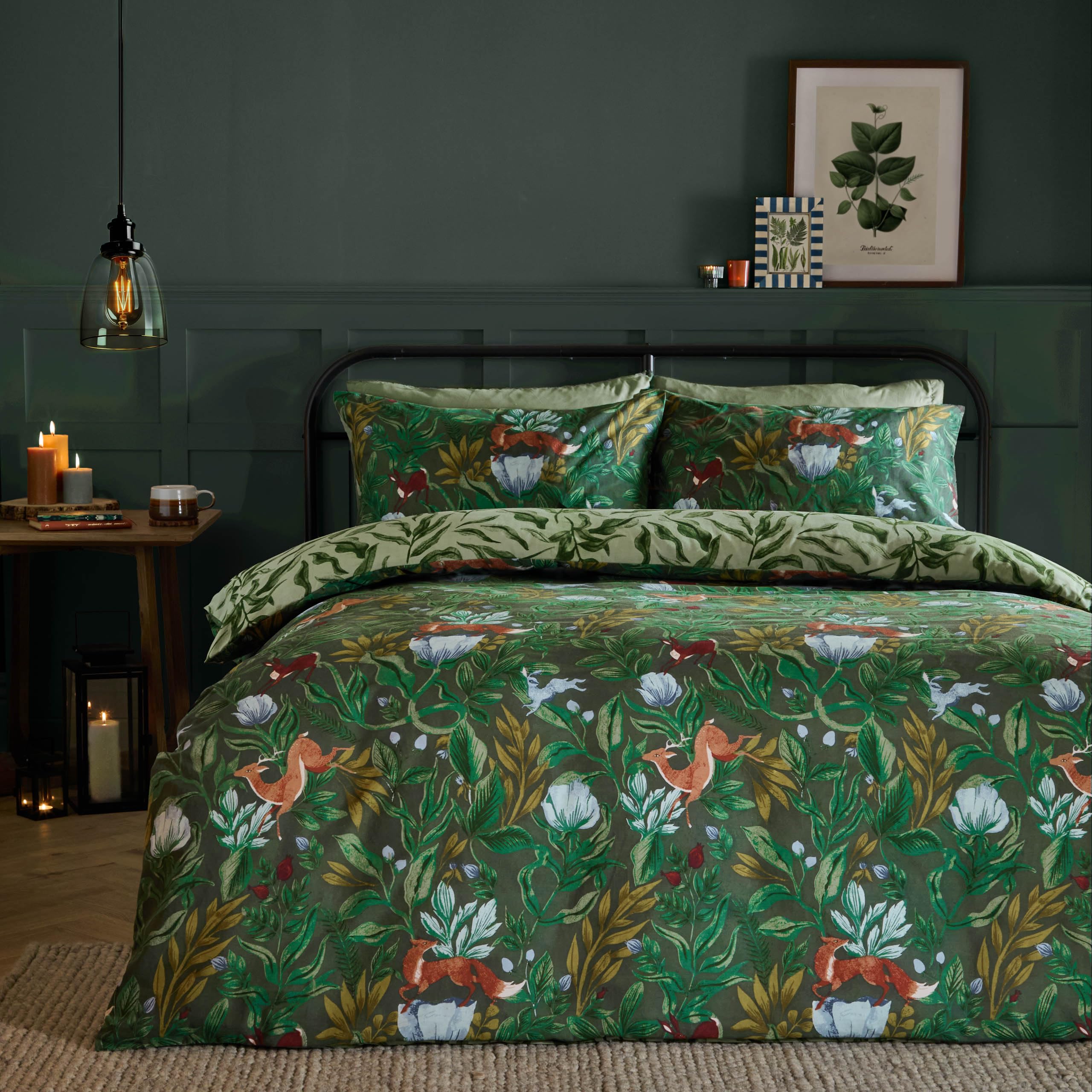 furn. Into The Woods Duvet Cover Set - Reversible Woodland Animal Cotton Blend Bedding Set (Forest Green - Double) - Image 4