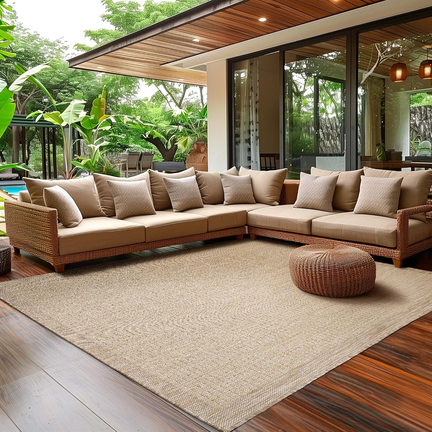 SIMPEX Outdoor Teppich Wetterfest Terrasse Balkon Garten Küchenteppich Einfarbiges Design Flachgewebe Sisal Look Waschbarer Teppich, Größe: 240 x 340 cm, Farbe: Beige