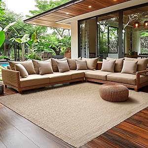 SIMPEX Outdoor Teppich Wetterfest Terrasse Balkon Garten Küchenteppich Einfarbiges Design Flachgewebe Sisal Look Waschbarer Teppich, Größe: 240 x 340 cm, Farbe: Beige