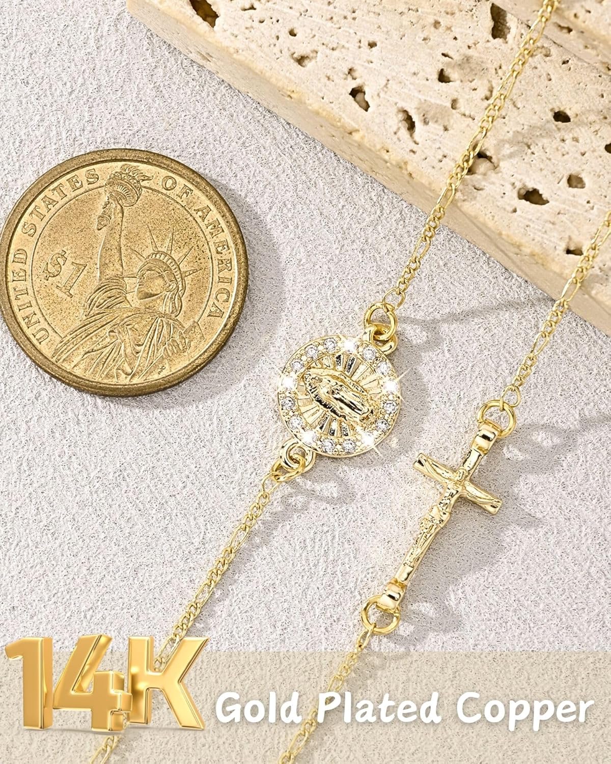 J&H DiaJuvelo 18k Gold Rosary 20 Inch Necklace for Women, Virgin Mary Miraculous Jewelry, Catolicos Long Cross Pendant, Dainty Crucifix Religious Rosarios Beads Trendy Gifts - Image 5