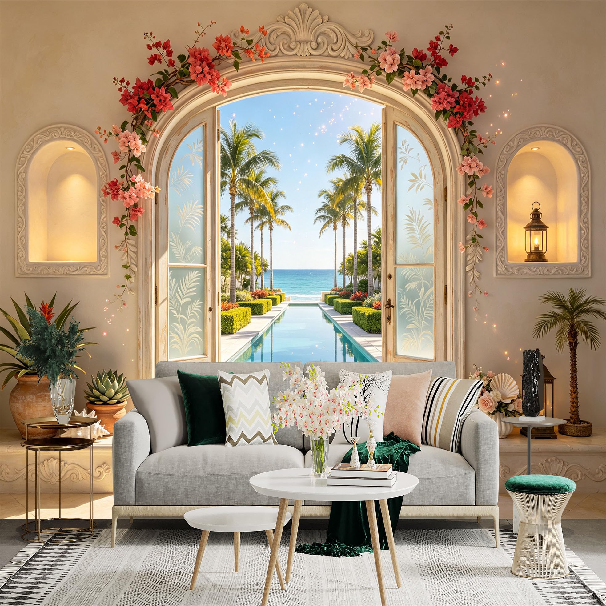 Custom Size Wall Sticker Mural， Tropical Pool View with Palm Trees， Floral Archway and Coastal Resort， for wall Decoration， peelandstick wall Decals.
